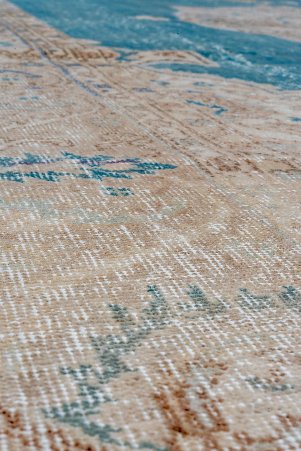 8' x 11' one-of-a-kind handmade vintage Oushak large size rug. Color palette: aqua, ivory, beige, sky blue, taupe, camel