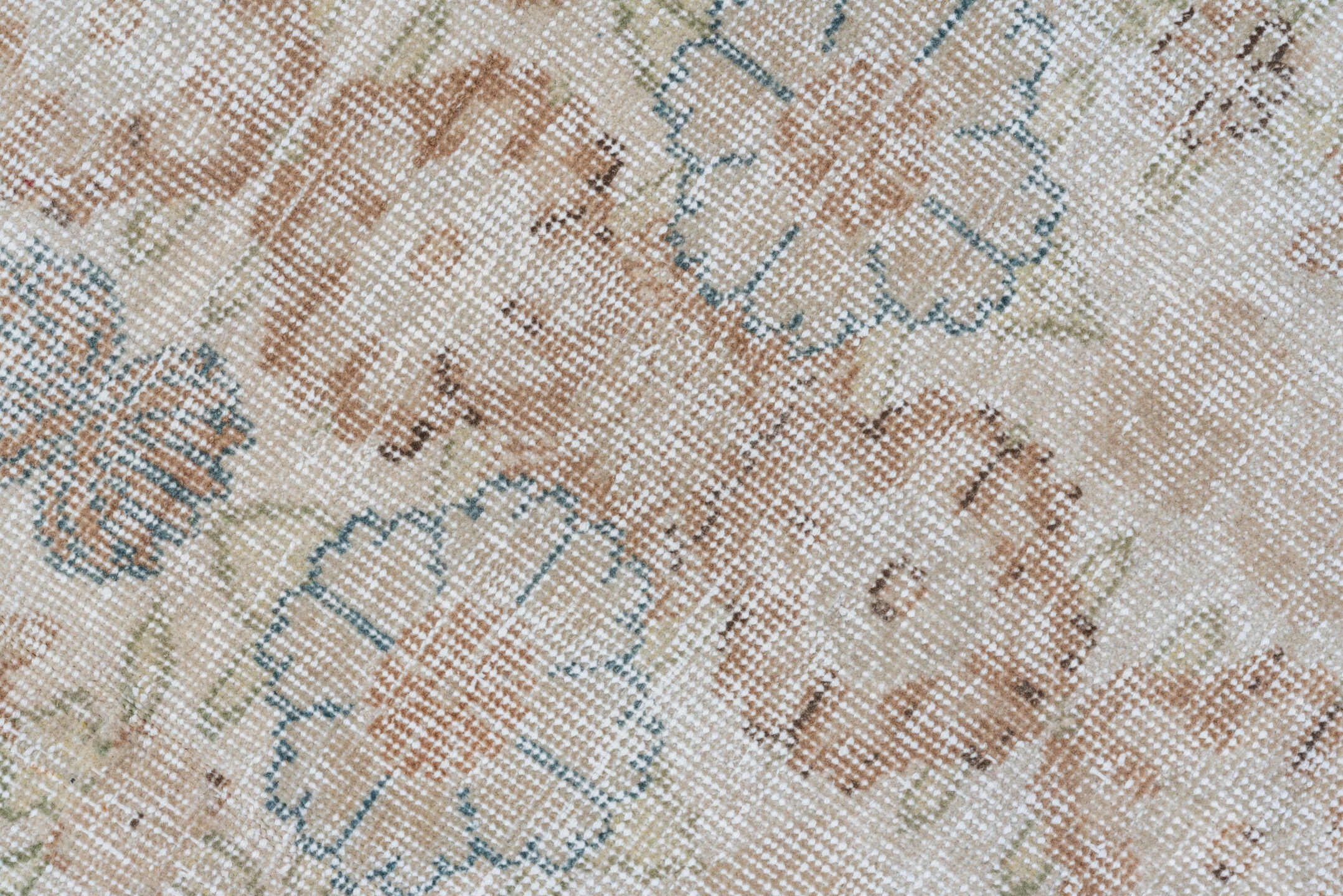 6' x 10' one-of-a-kind handmade vintage Oushak large size rug. Color palette: ivory, blush, taupe, pale blue, beige, sage