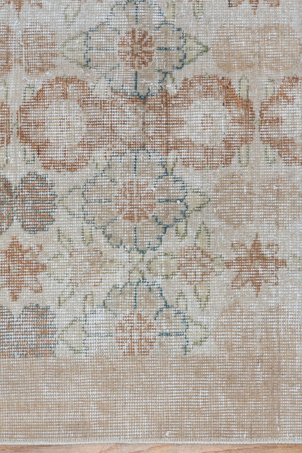6' x 10' one-of-a-kind handmade vintage Oushak large size rug. Color palette: ivory, blush, taupe, pale blue, beige, sage