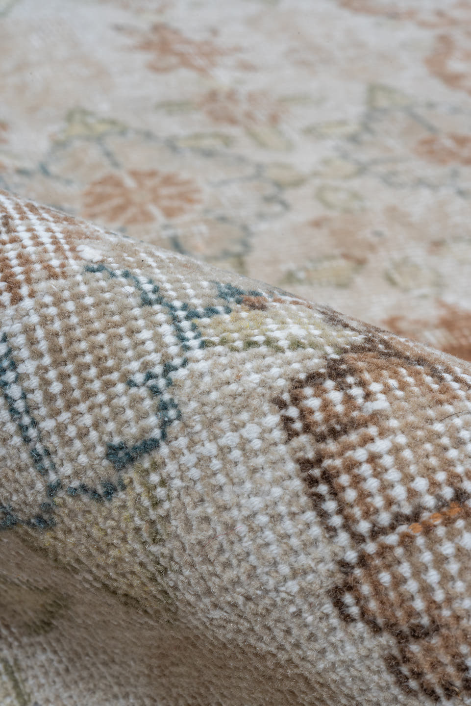 6' x 10' one-of-a-kind handmade vintage Oushak large size rug. Color palette: ivory, blush, taupe, pale blue, beige, sage