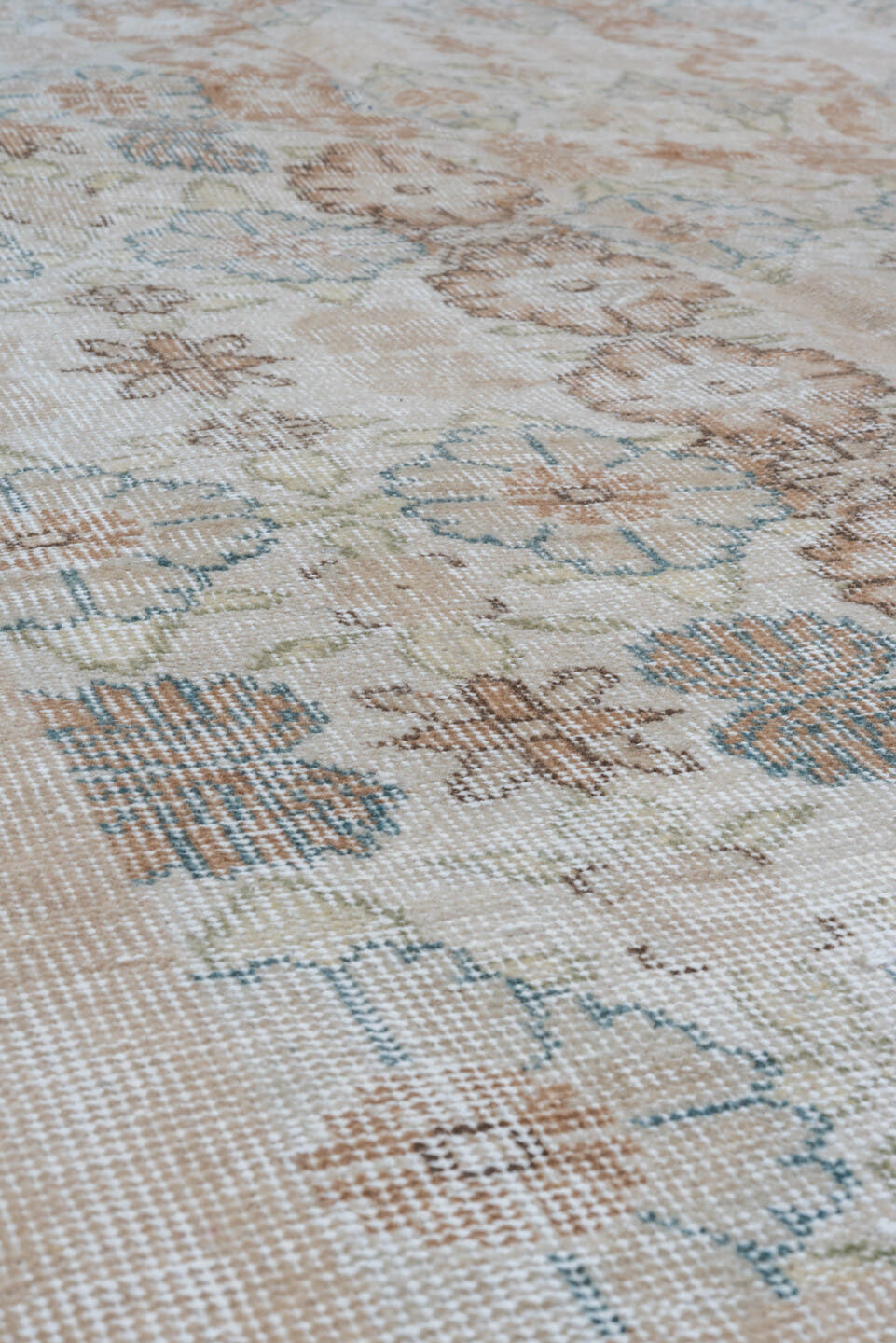6' x 10' one-of-a-kind handmade vintage Oushak large size rug. Color palette: ivory, blush, taupe, pale blue, beige, sage