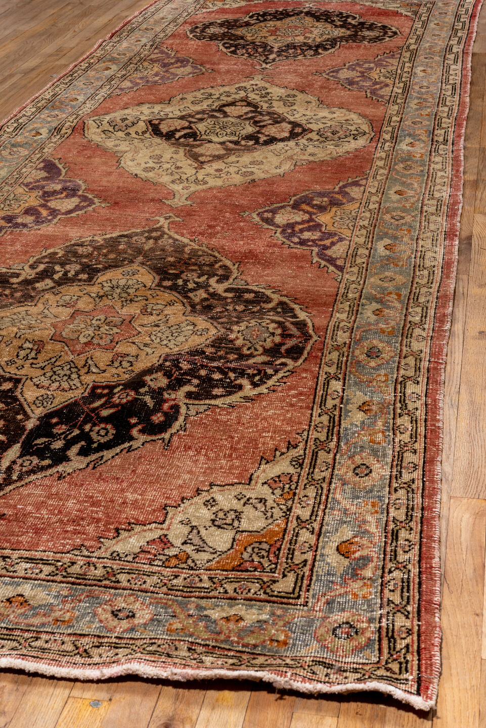 4' x 14' one-of-a-kind handmade vintage Oushak runner rug. Color palette: brown, gray, orange, pink
