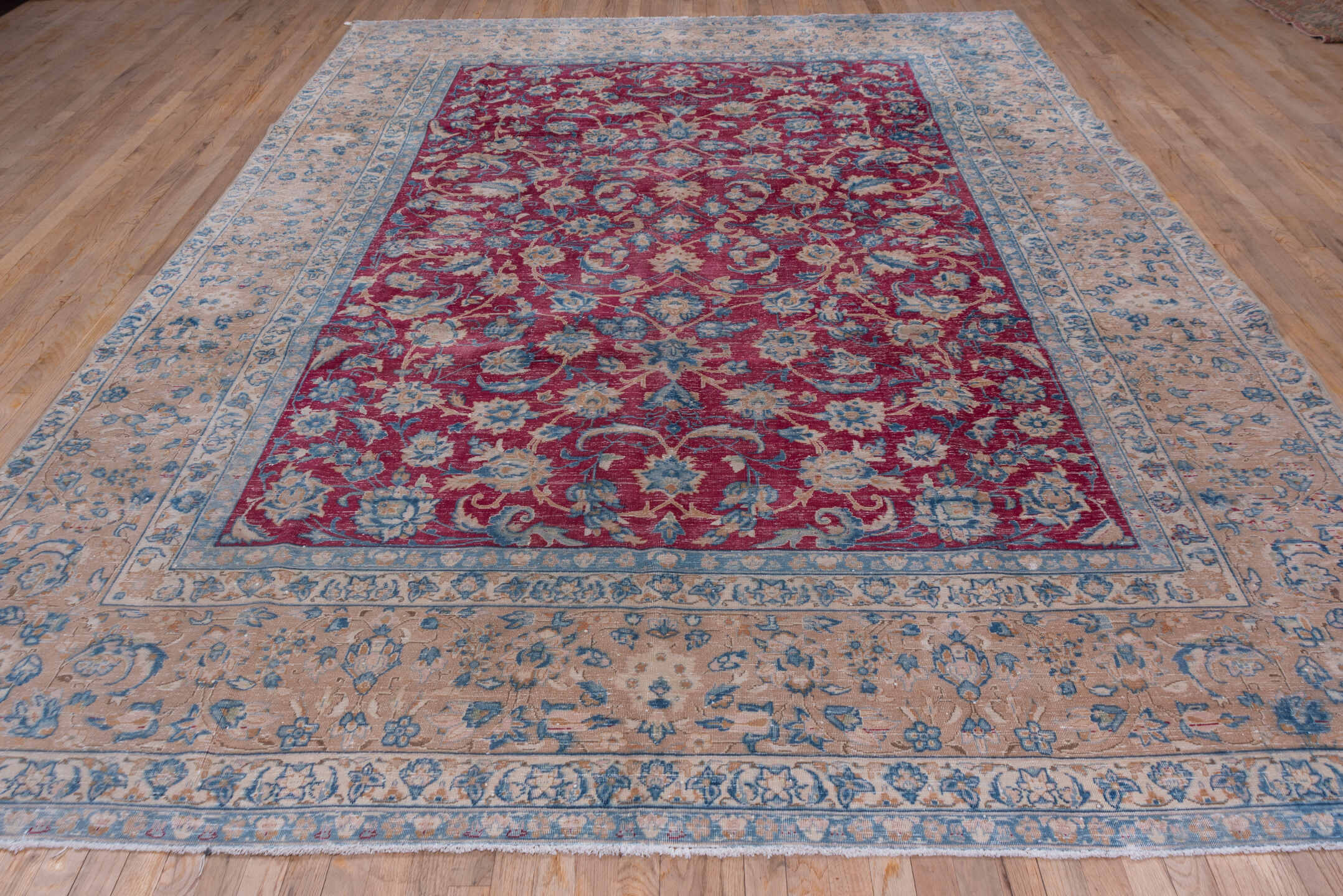 9' x 13' one-of-a-kind handmade vintage Tabriz large size rug. Color palette: crimson, ivory, sky_blue, rose, slate_blue