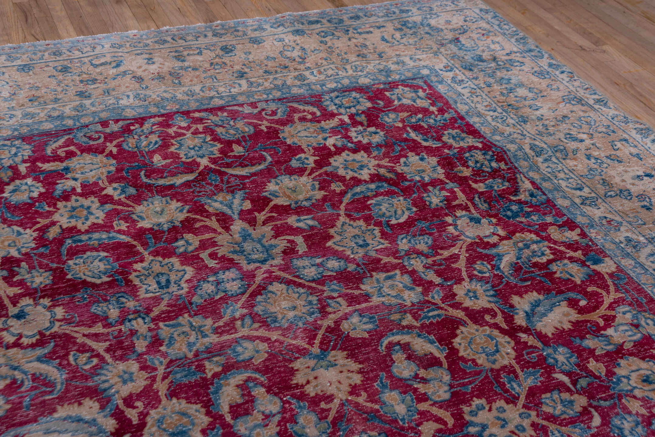 9' x 13' one-of-a-kind handmade vintage Tabriz large size rug. Color palette: crimson, ivory, sky_blue, rose, slate_blue