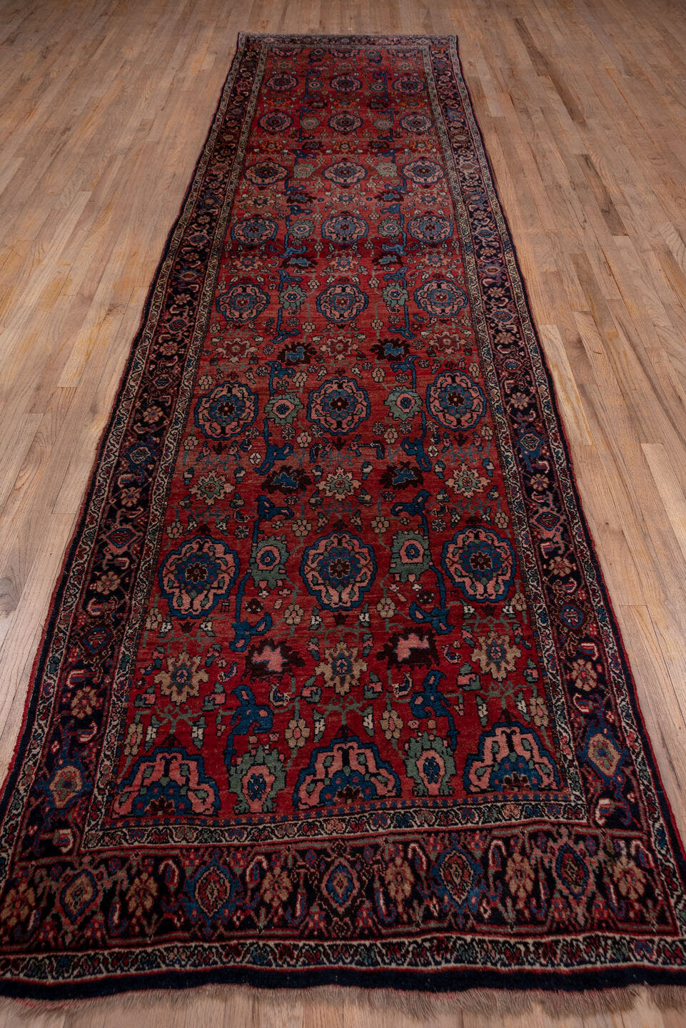 3' x 15' one-of-a-kind handmade antique Bidjar runner rug. Color palette: rust, navy, indigo, ivory, camel, burgundy, slate