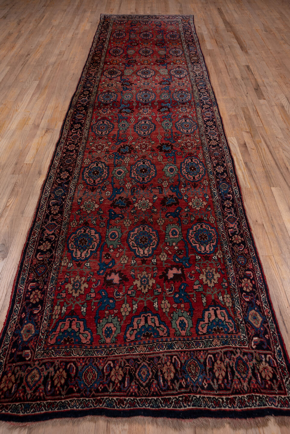3' x 15' one-of-a-kind handmade antique Bidjar runner rug. Color palette: rust, navy, indigo, ivory, camel, burgundy, slate