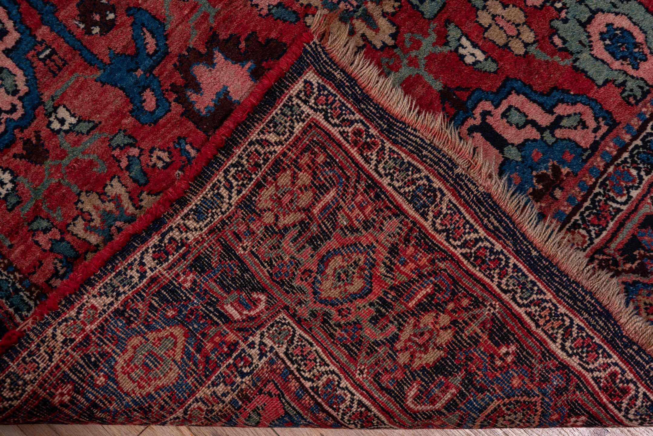 3' x 15' one-of-a-kind handmade vintage Bidjar runner rug. Color palette: blue, brown, fiord, gray, pink, red