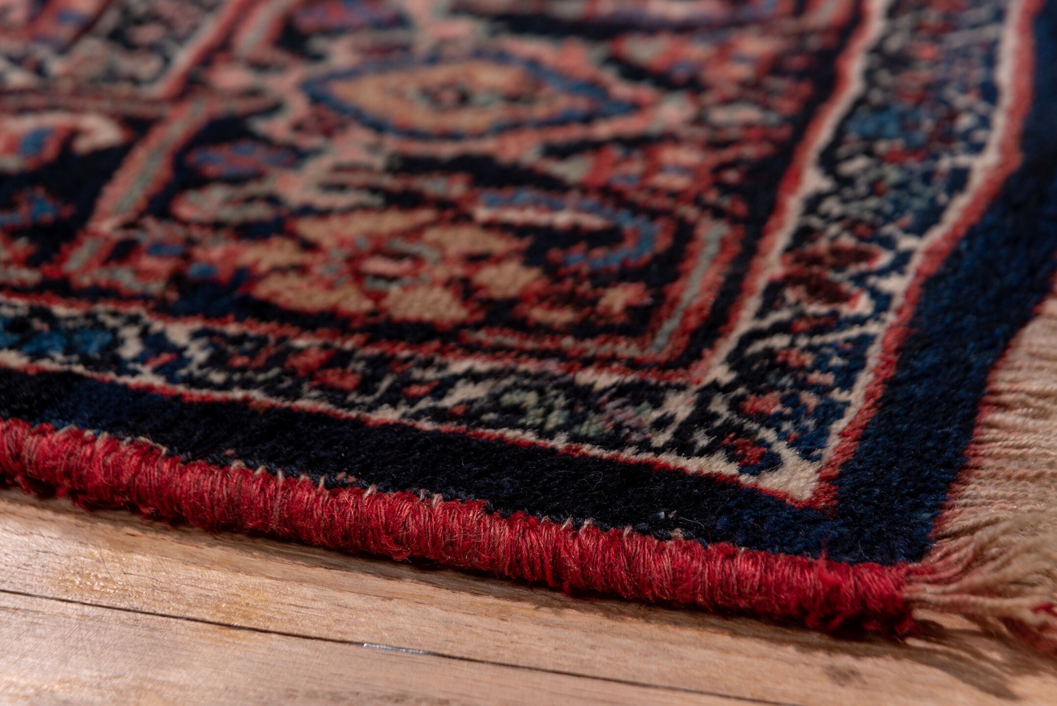 3' x 15' one-of-a-kind handmade vintage Bidjar runner rug. Color palette: blue, brown, fiord, gray, pink, red