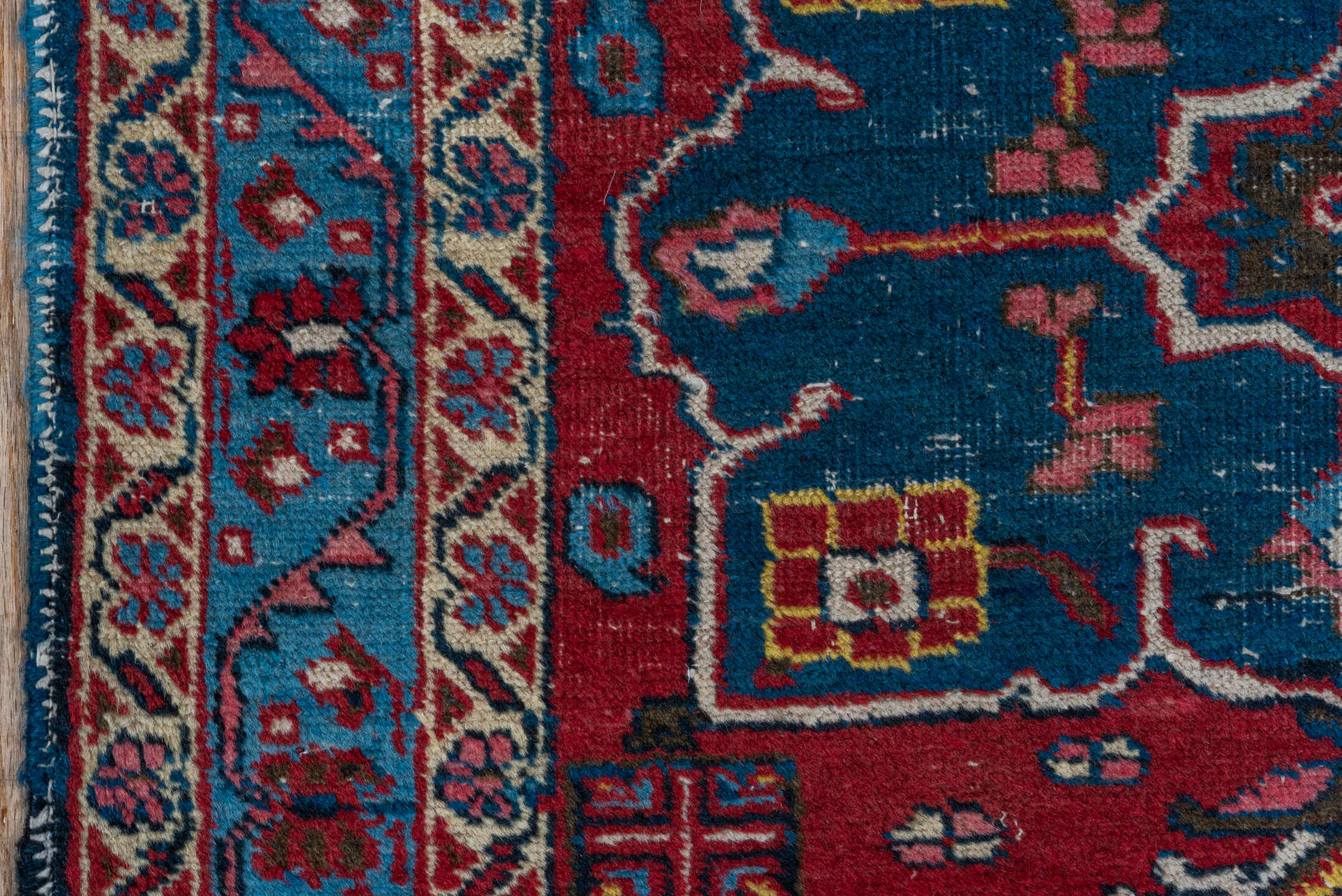 2' x 3' one-of-a-kind handmade antique Heriz small size rug. Color palette: red, sky_blue, ivory, navy, pink, gold, black