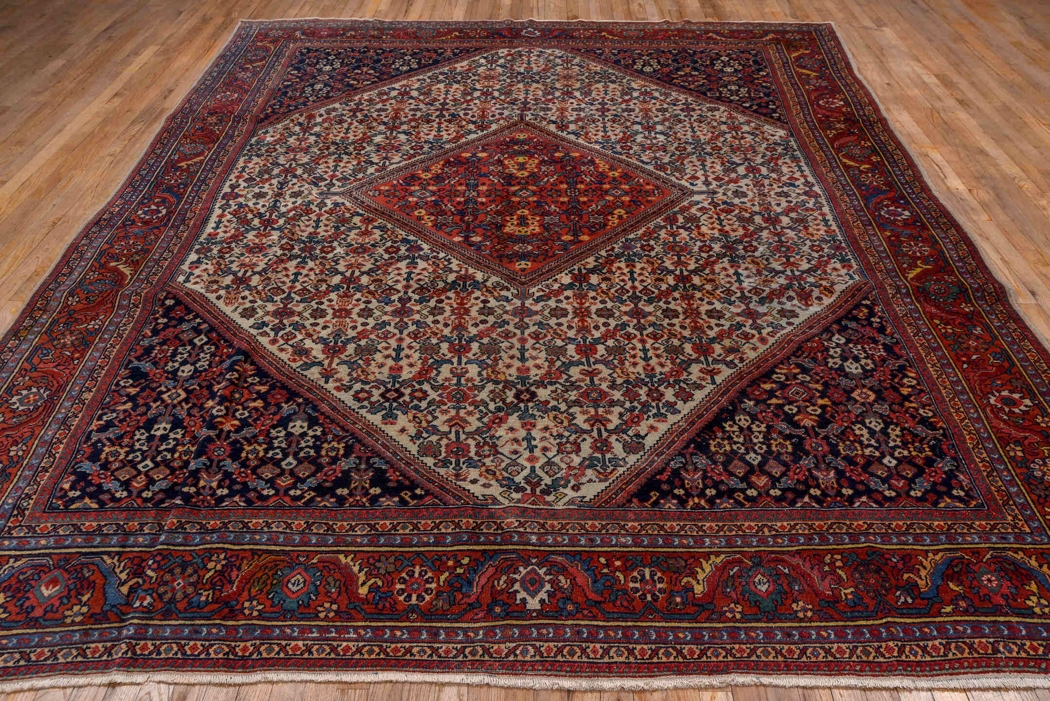 9' x 11' one-of-a-kind handmade vintage Farahan large size rug. Color palette: blue, brown, gray, light gray, pink, red