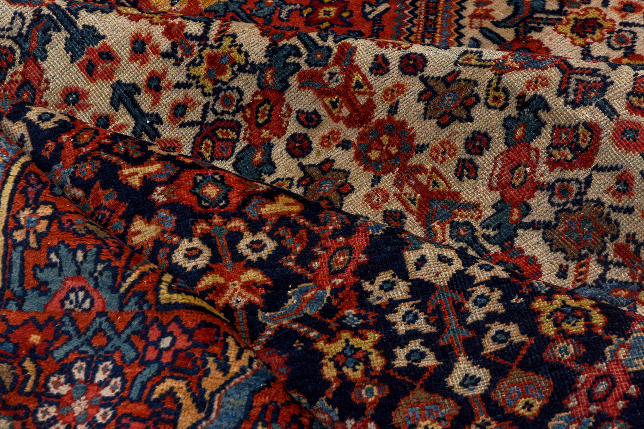 9' x 11' one-of-a-kind handmade antique Farahan large size rug. Color palette: ivory, rust, navy, crimson, indigo, camel