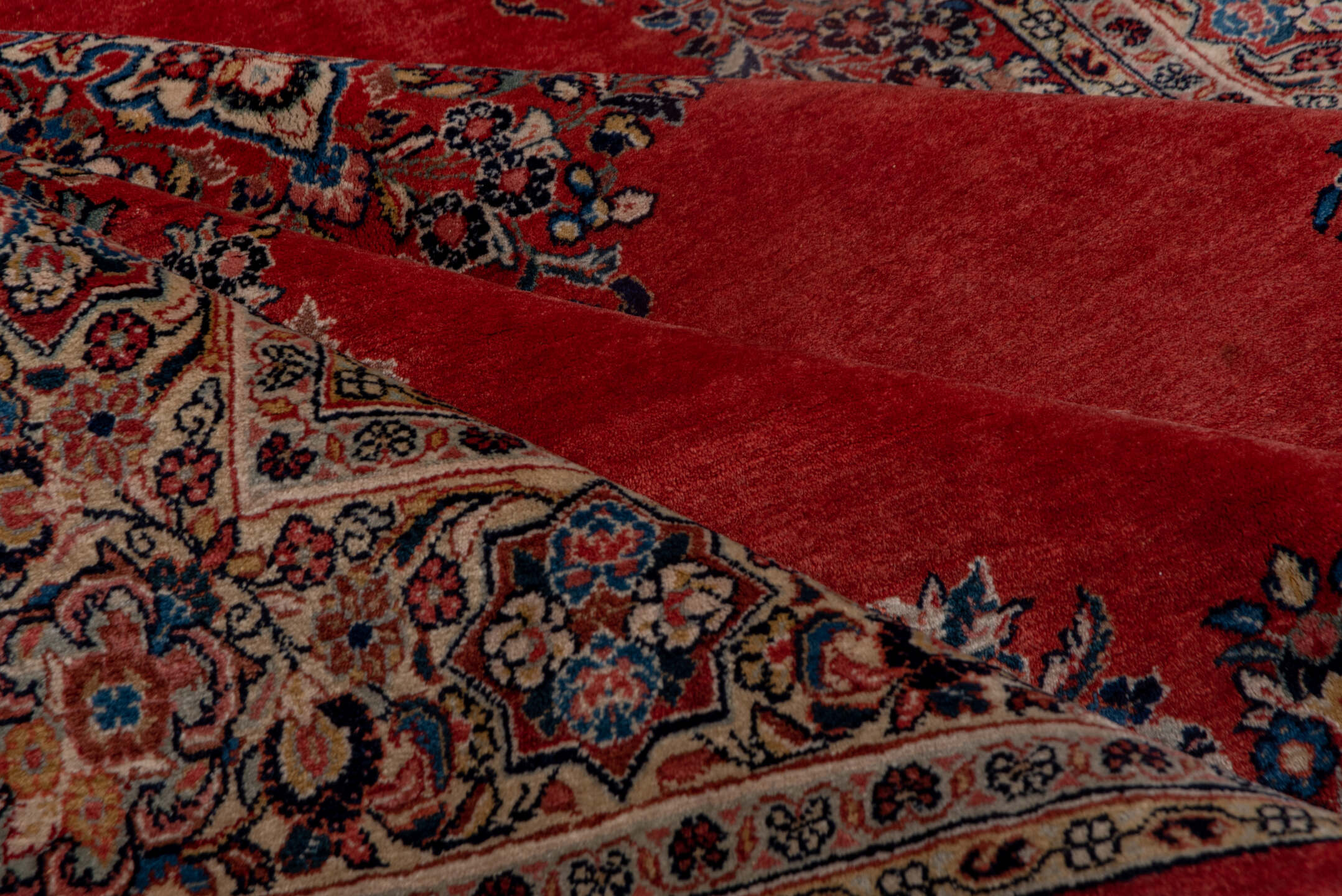 6' x 9' one-of-a-kind handmade antique Sarouk medium size rug. Color palette: red, ivory, navy, rose, slate, rust, camel