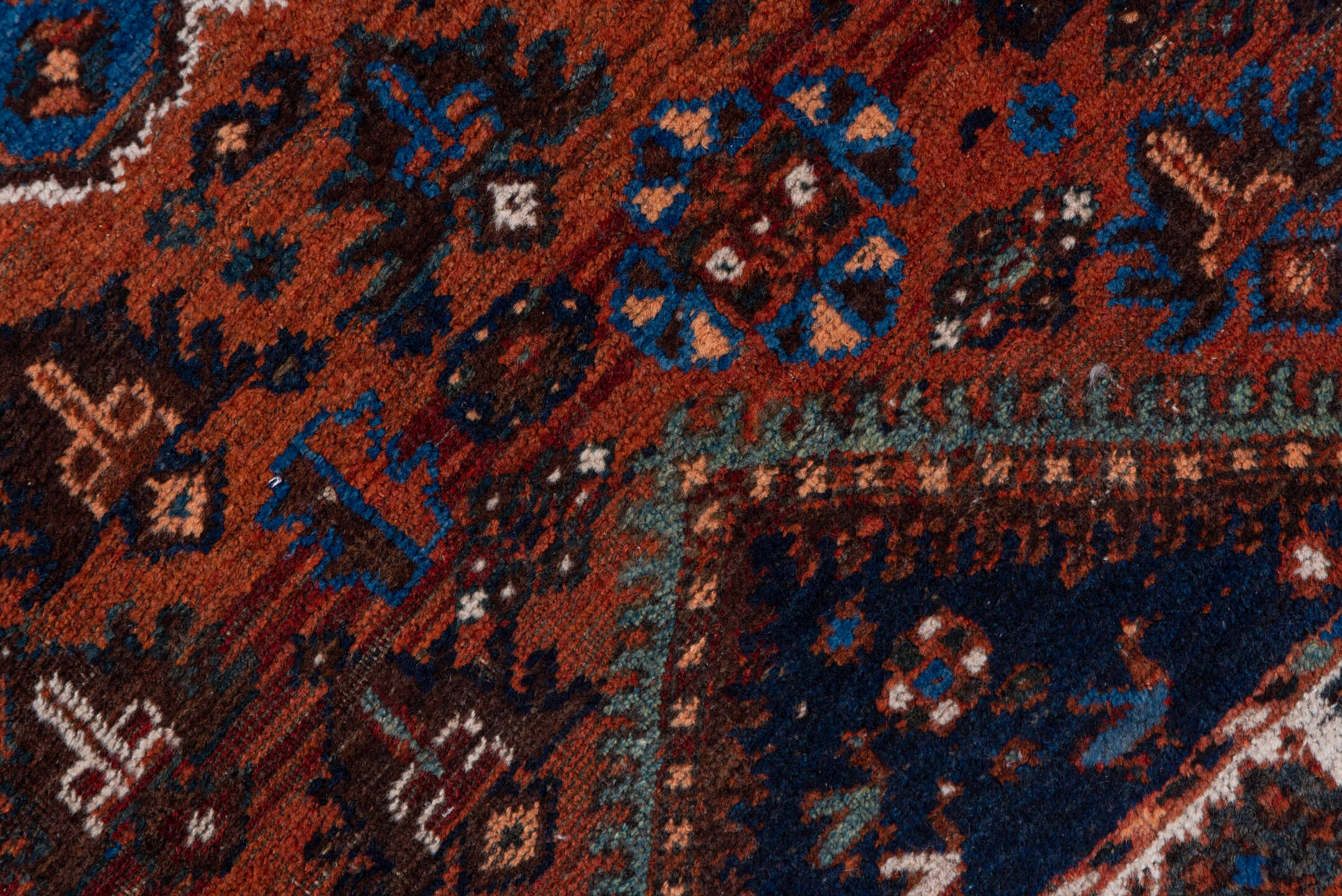 3' x 5' one-of-a-kind handmade antique Shiraz small size rug. Color palette: rust, indigo, ivory, sky blue, brown, charcoal