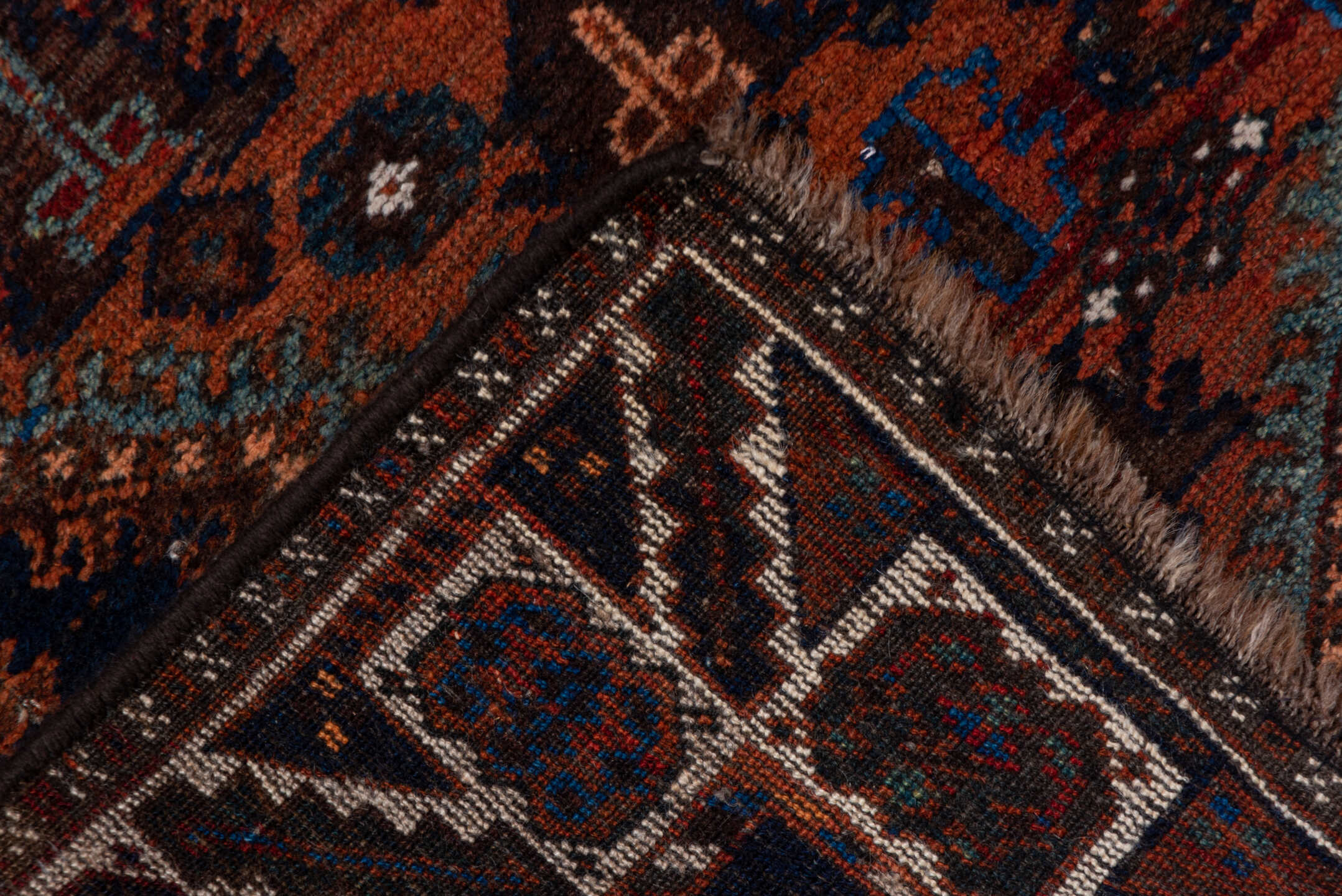3' x 5' one-of-a-kind handmade antique Shiraz small size rug. Color palette: rust, indigo, ivory, sky blue, brown, charcoal