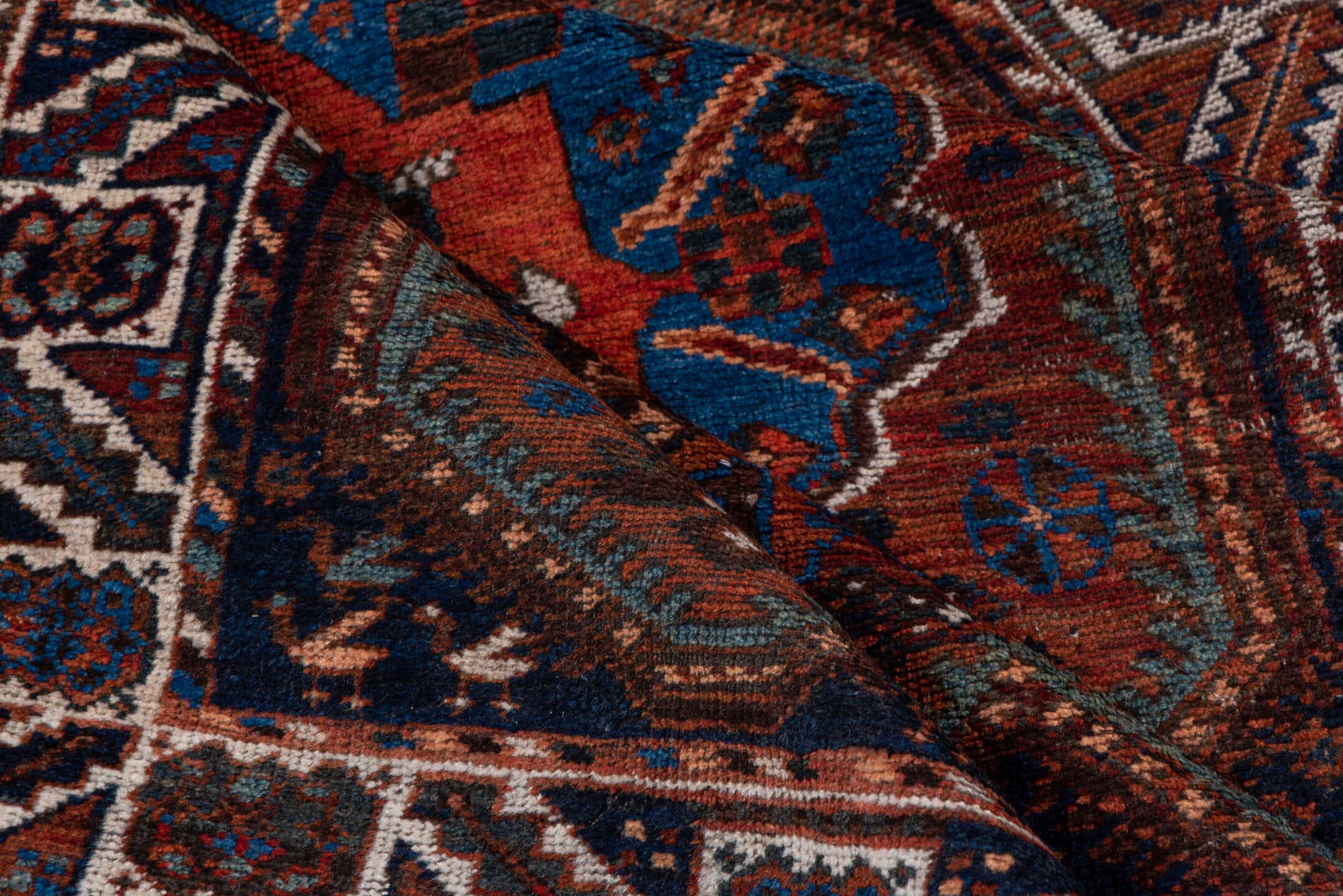 3' x 5' one-of-a-kind handmade antique Shiraz small size rug. Color palette: rust, indigo, ivory, sky blue, brown, charcoal