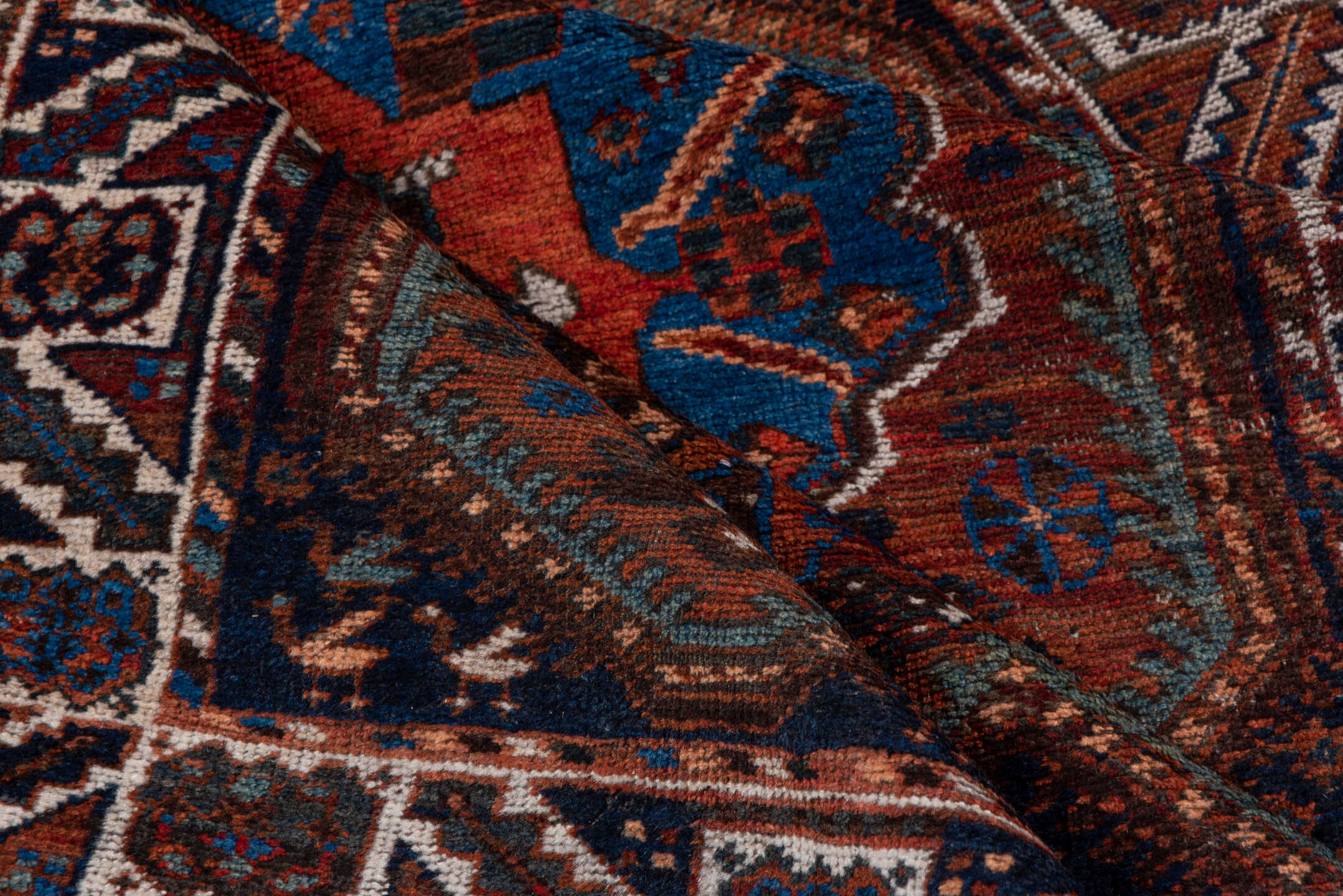 3' x 5' one-of-a-kind handmade antique Shiraz small size rug. Color palette: rust, indigo, ivory, sky blue, brown, charcoal