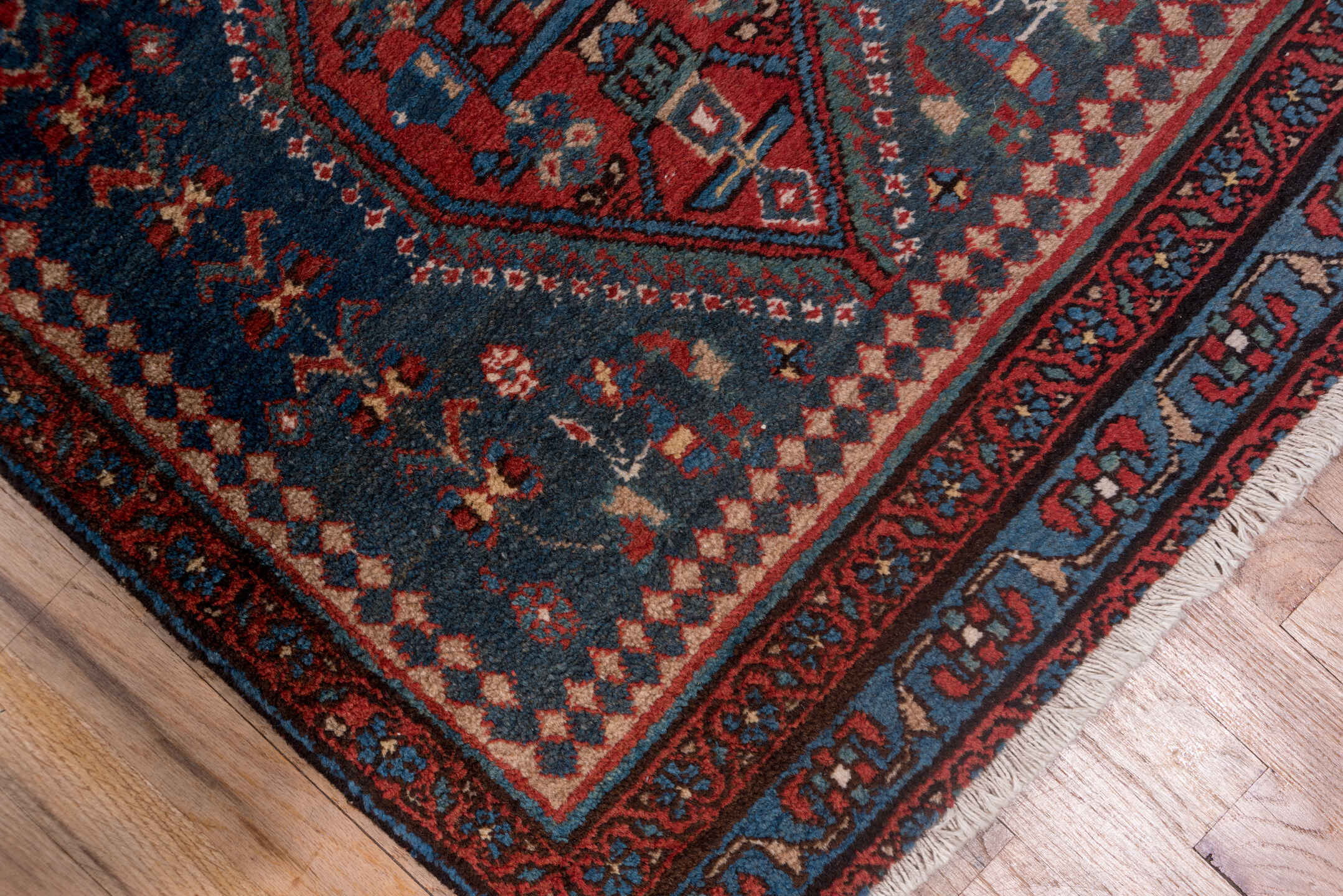 2' x 13' one-of-a-kind handmade antique Heriz runner rug. Color palette: navy, rust, brick, ivory, sky_blue, crimson, slate