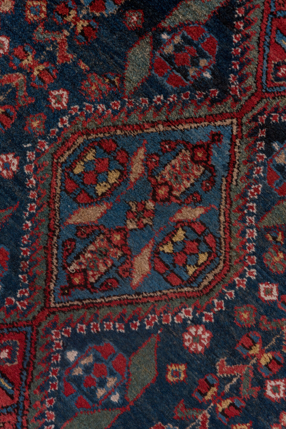 2' x 13' one-of-a-kind handmade antique Heriz runner rug. Color palette: navy, rust, brick, ivory, sky_blue, crimson, slate