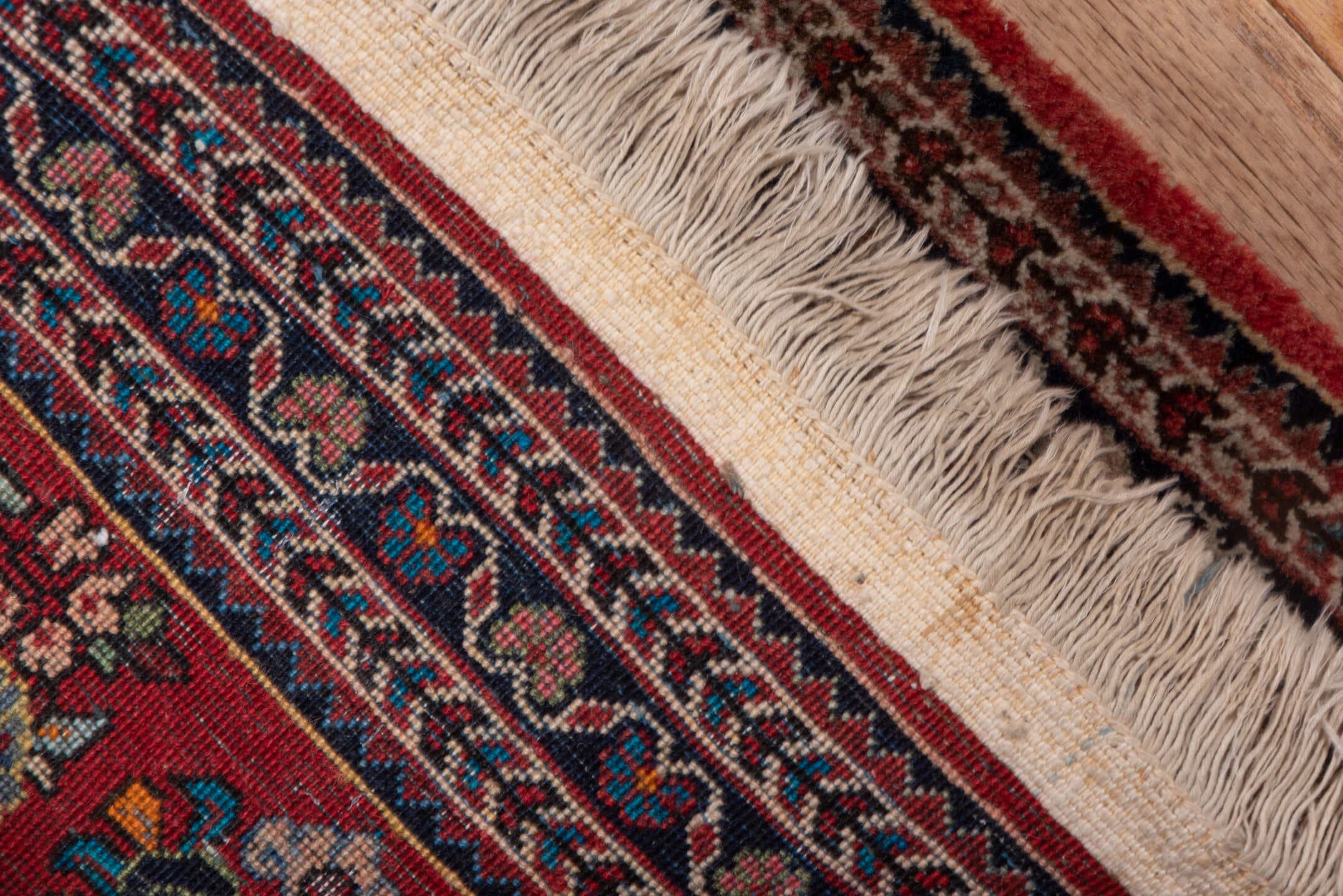 2' x 4' one-of-a-kind handmade antique Sarouk small size rug. Color palette: red, navy, ivory, camel, rose, slate, brown