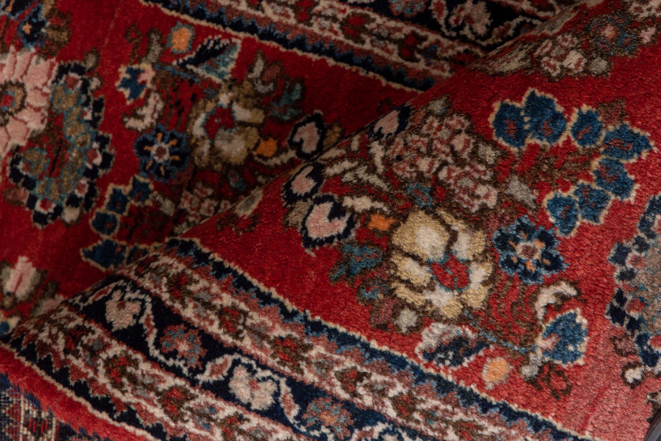 2' x 4' one-of-a-kind handmade antique Sarouk small size rug. Color palette: red, navy, ivory, camel, rose, slate, brown