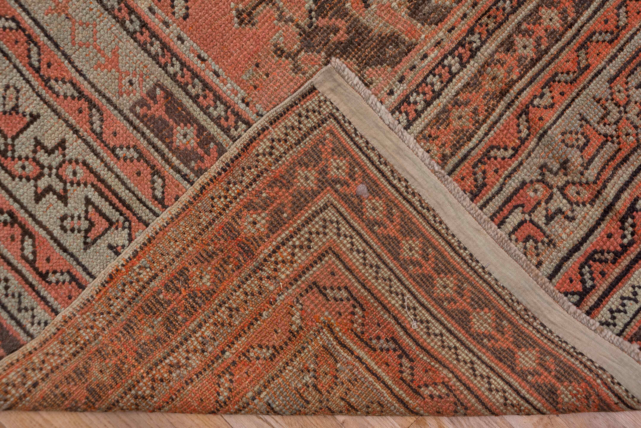 13' x 16' one-of-a-kind handmade antique Oushak oversize rug. Color palette: coral, taupe, charcoal, rose, ivory, brown