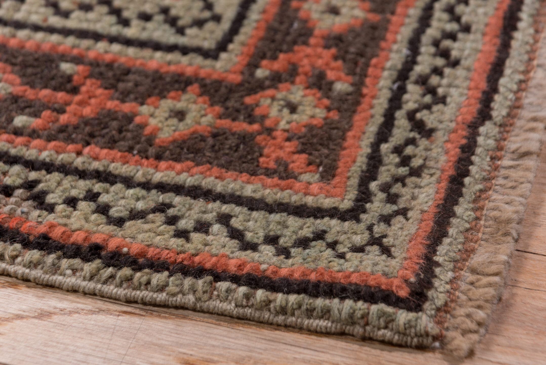 13' x 16' one-of-a-kind handmade antique Oushak oversize rug. Color palette: coral, taupe, charcoal, rose, ivory, brown