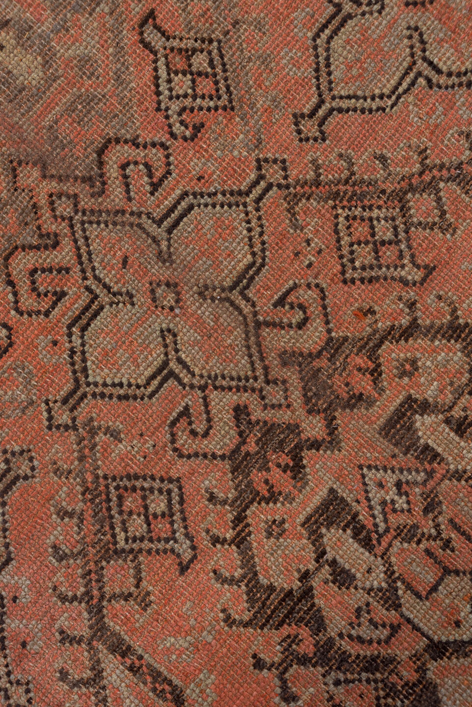 13' x 16' one-of-a-kind handmade antique Oushak oversize rug. Color palette: coral, taupe, charcoal, rose, ivory, brown