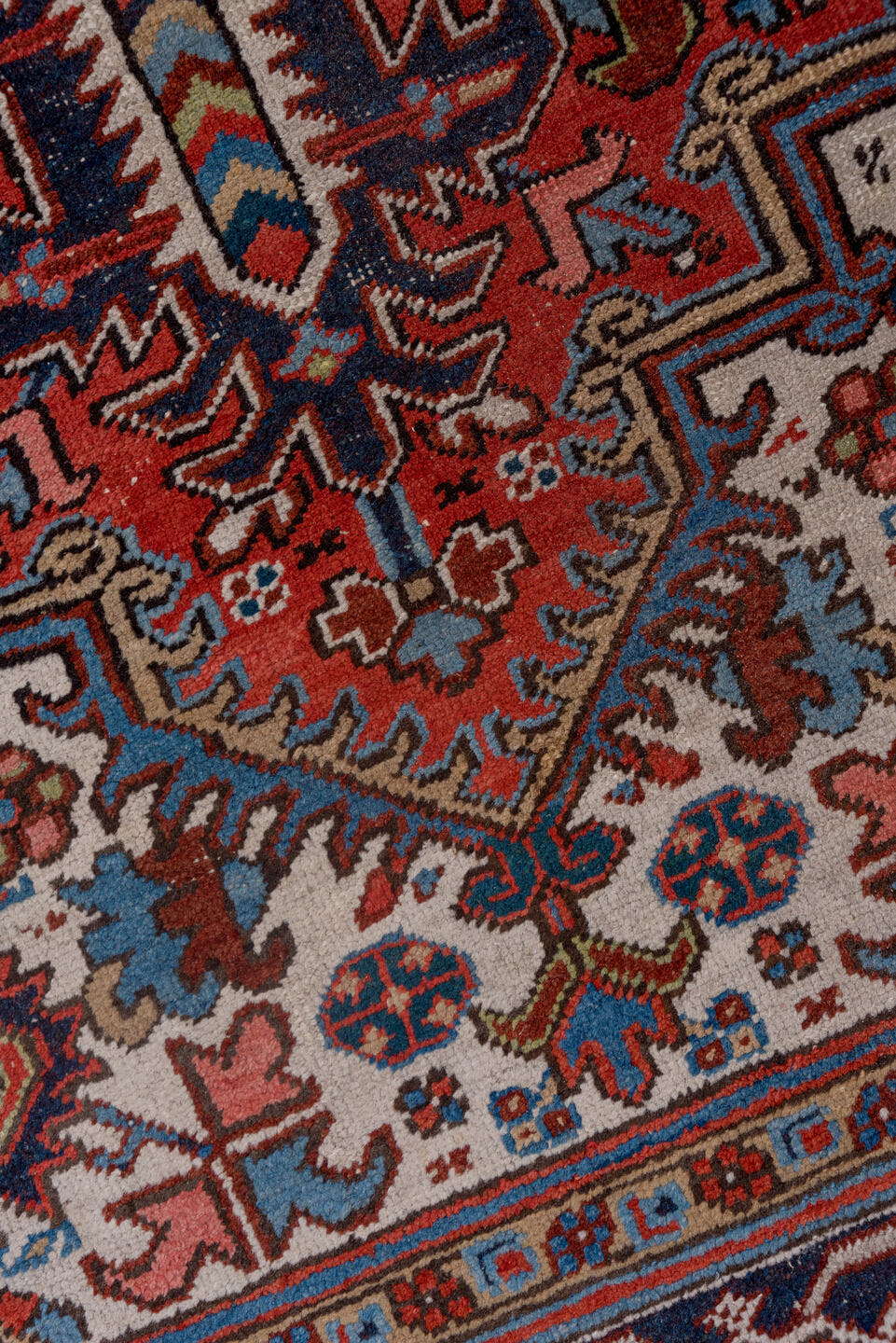 8' x 11' one-of-a-kind handmade antique Heriz large size rug. Color palette: rust, navy, ivory, sky blue, slate, camel