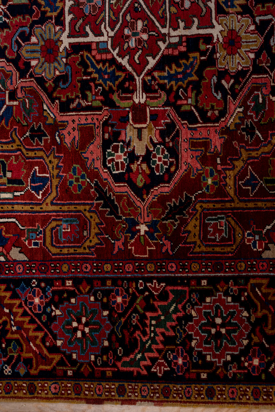 8' x 12' one-of-a-kind handmade vintage Heriz large size rug. Color palette: blue, brown, dim gray, gray, pink, red, redwood