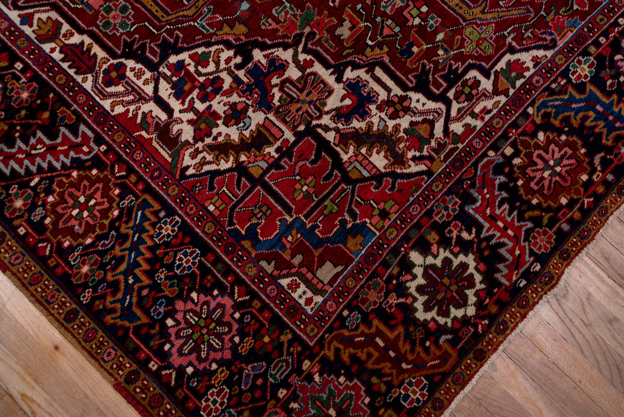 8' x 12' one-of-a-kind handmade vintage Heriz large size rug. Color palette: blue, brown, dim gray, gray, pink, red, redwood