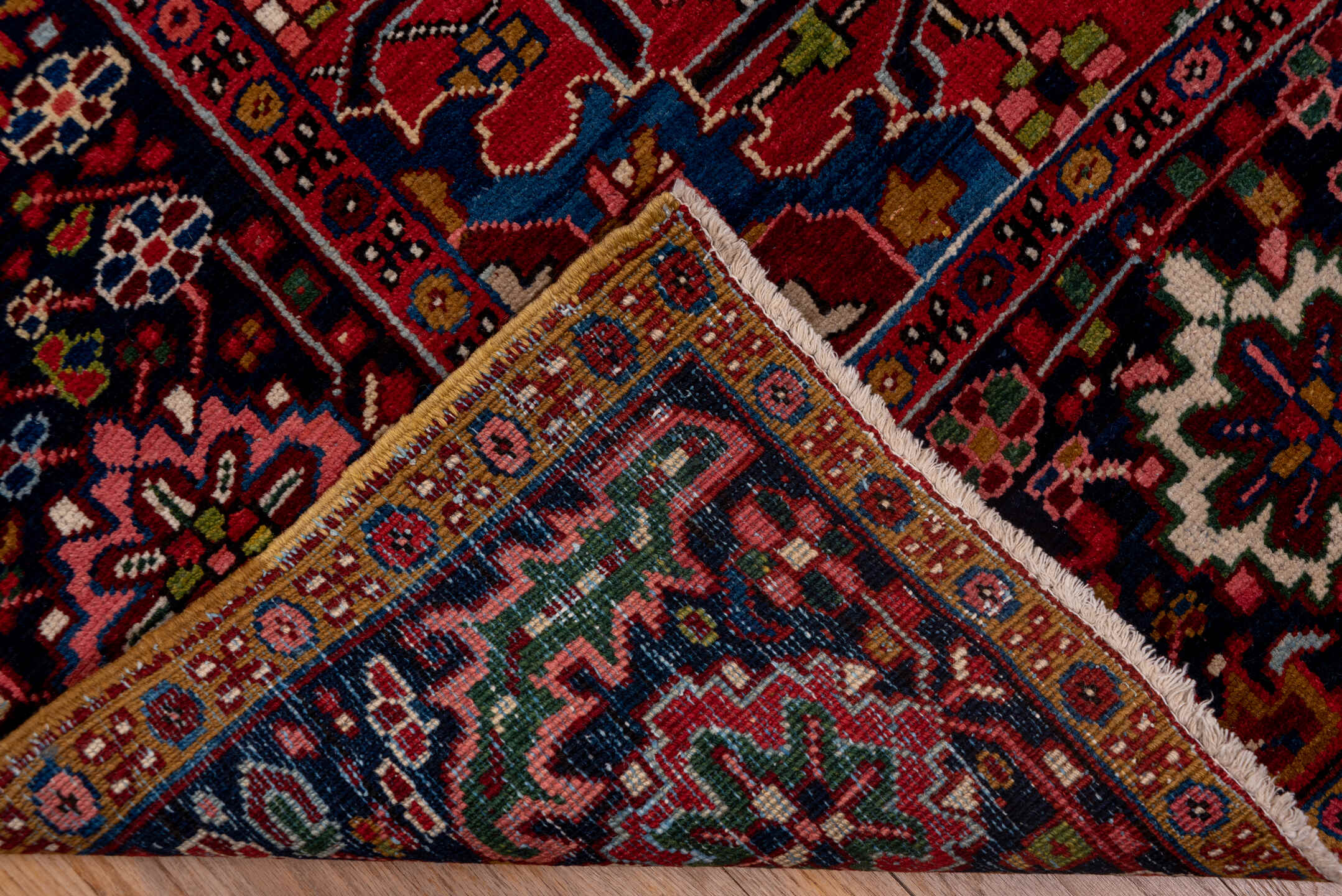 8' x 12' one-of-a-kind handmade vintage Heriz large size rug. Color palette: blue, brown, dim gray, gray, pink, red, redwood