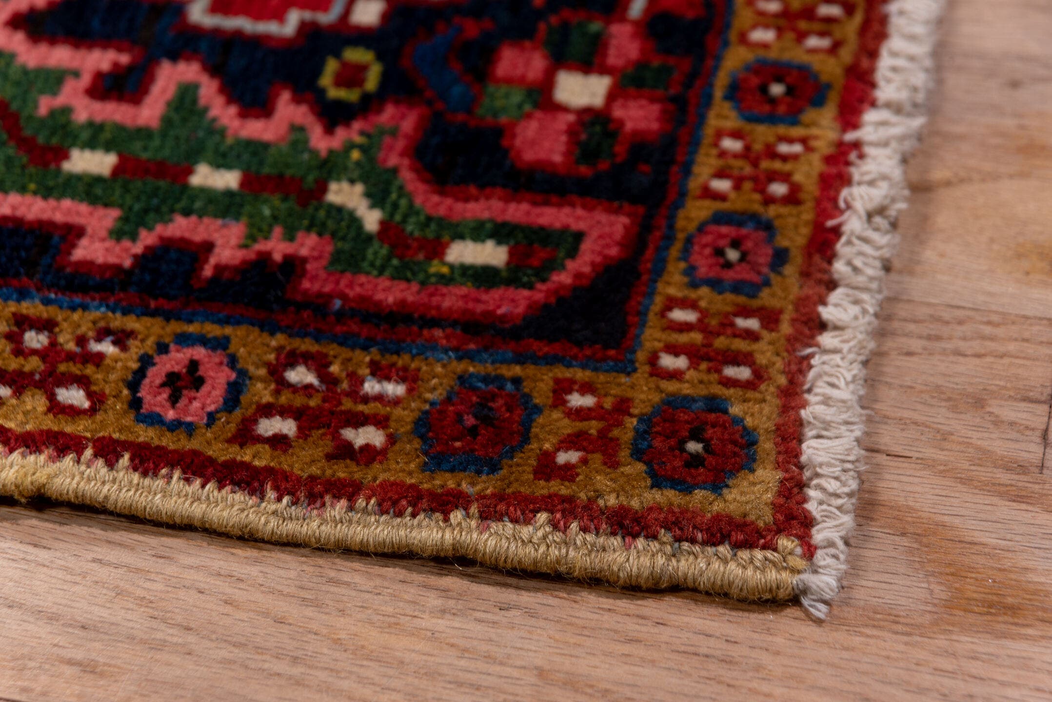 8' x 12' one-of-a-kind handmade antique Heriz large size rug. Color palette: rust, navy, ivory, brick, rose, sky_blue, olive