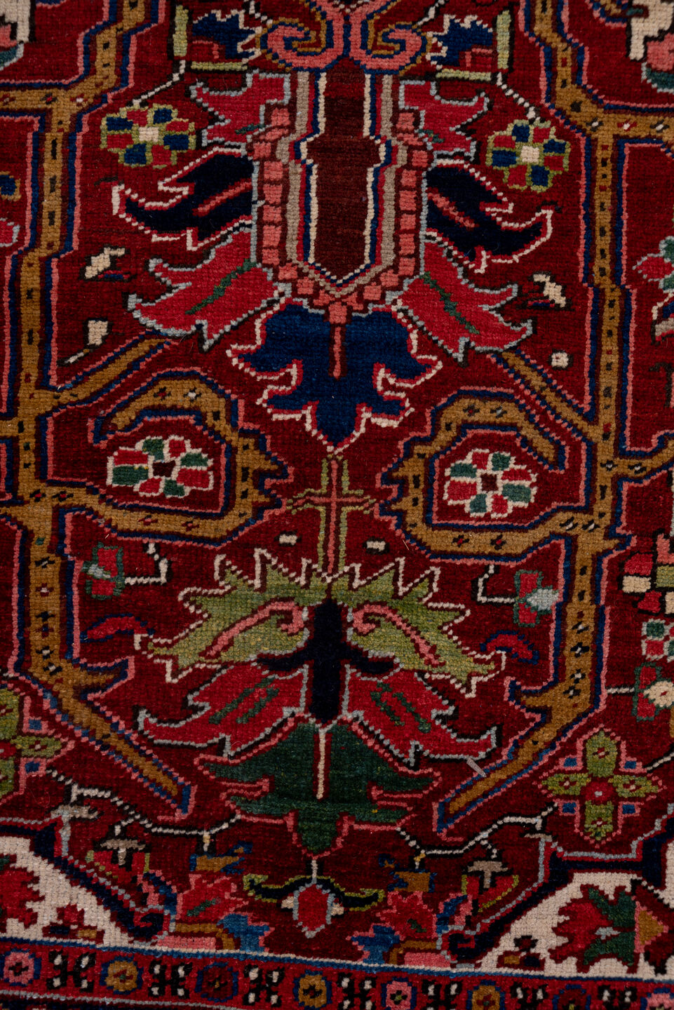 8' x 12' one-of-a-kind handmade vintage Heriz large size rug. Color palette: blue, brown, dim gray, gray, pink, red, redwood