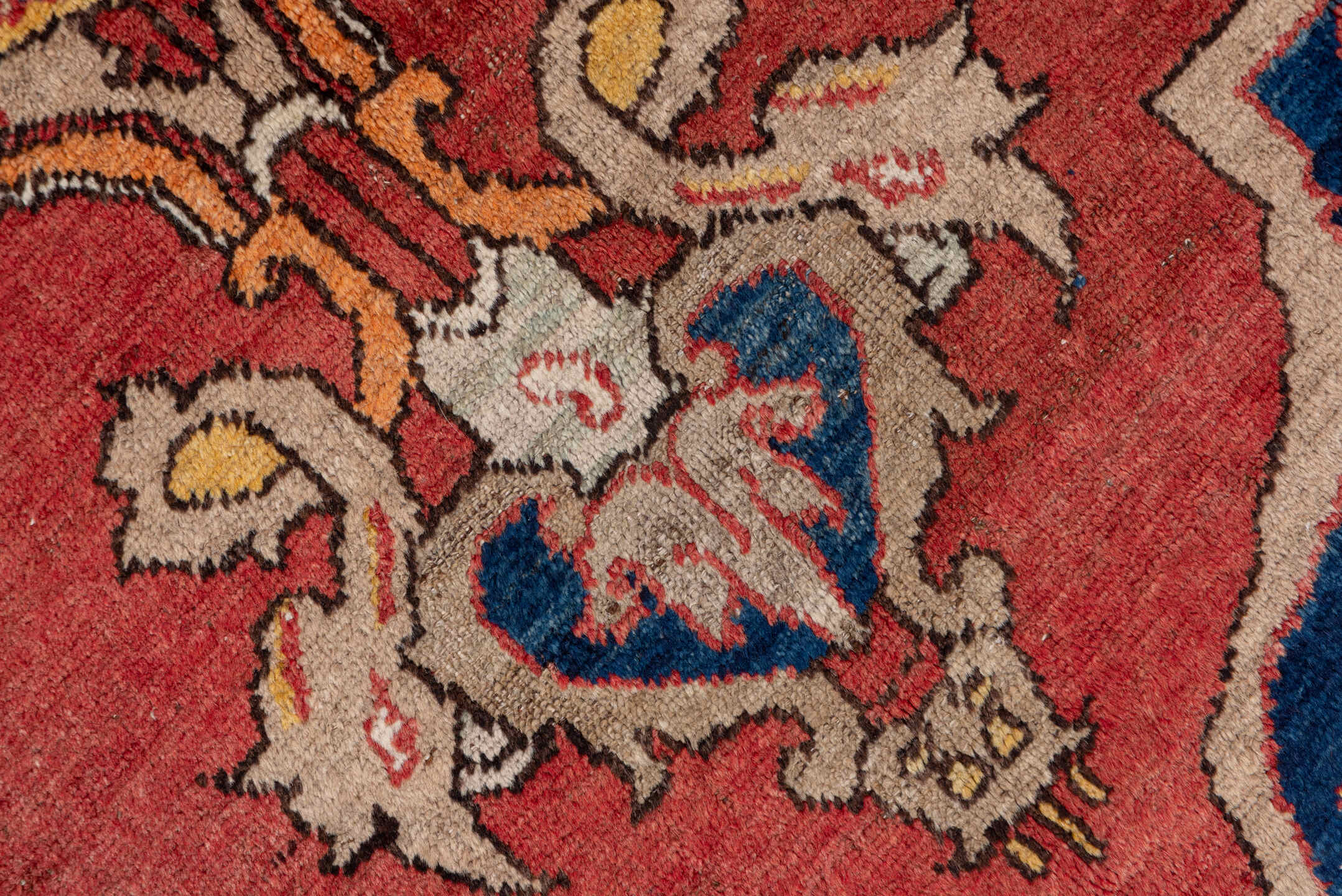 6' x 10' one-of-a-kind handmade vintage Oushak large size rug. Color palette: blue, brown, gray, pink, red