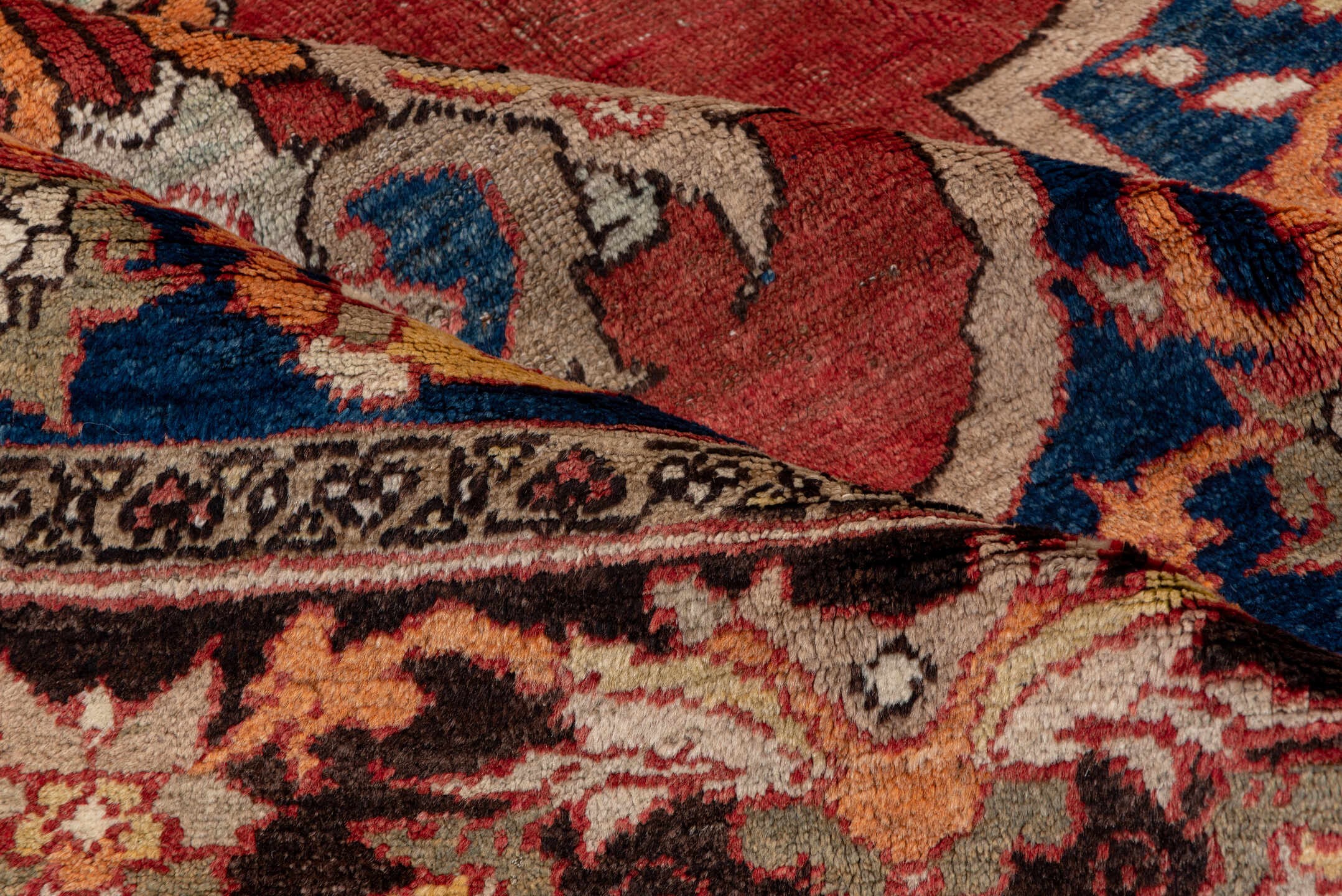 6' x 10' one-of-a-kind handmade vintage Oushak large size rug. Color palette: blue, brown, gray, pink, red