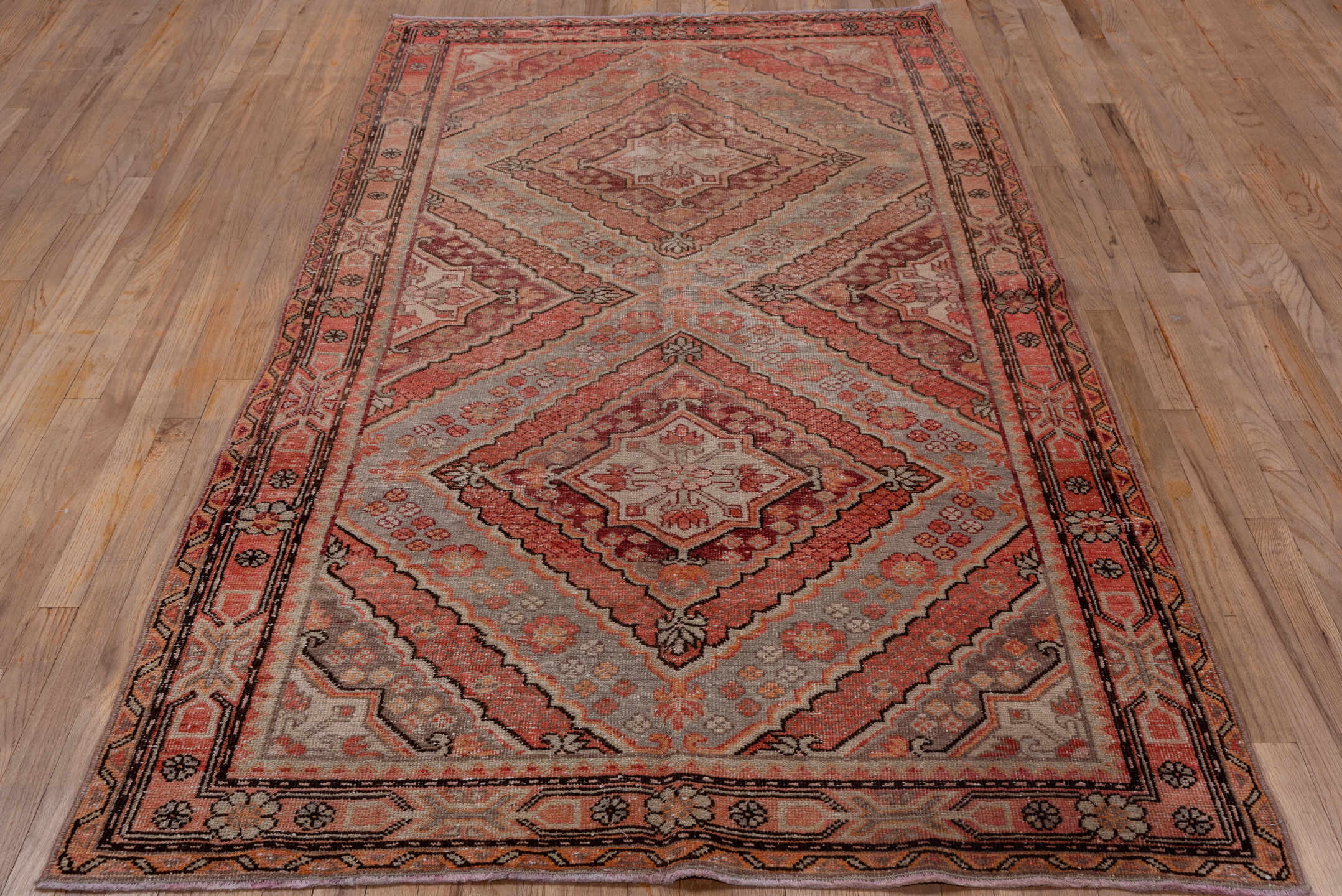 4' x 8' one-of-a-kind handmade vintage Khotan rug. Color palette: rose, blush, dusty pink, taupe, gray, burgundy, ivory