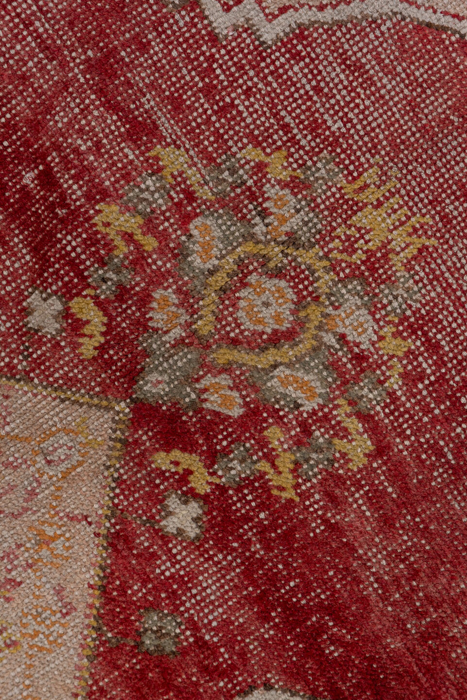 5' x 8' one-of-a-kind handmade vintage Oushak medium size rug. Color palette: rose, ivory, brown, taupe, gold, sage
