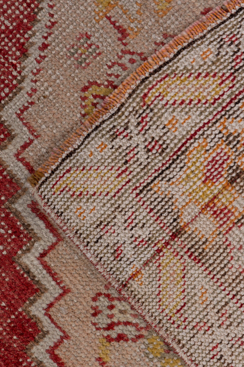 5' x 8' one-of-a-kind handmade vintage Oushak medium size rug. Color palette: rose, ivory, brown, taupe, gold, sage