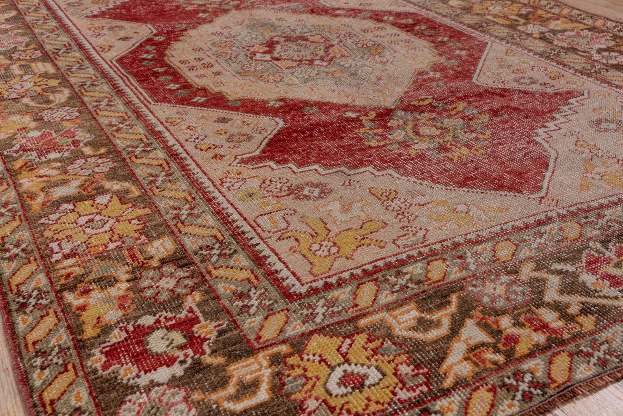 5' x 8' one-of-a-kind handmade vintage Oushak medium size rug. Color palette: rose, ivory, brown, taupe, gold, sage