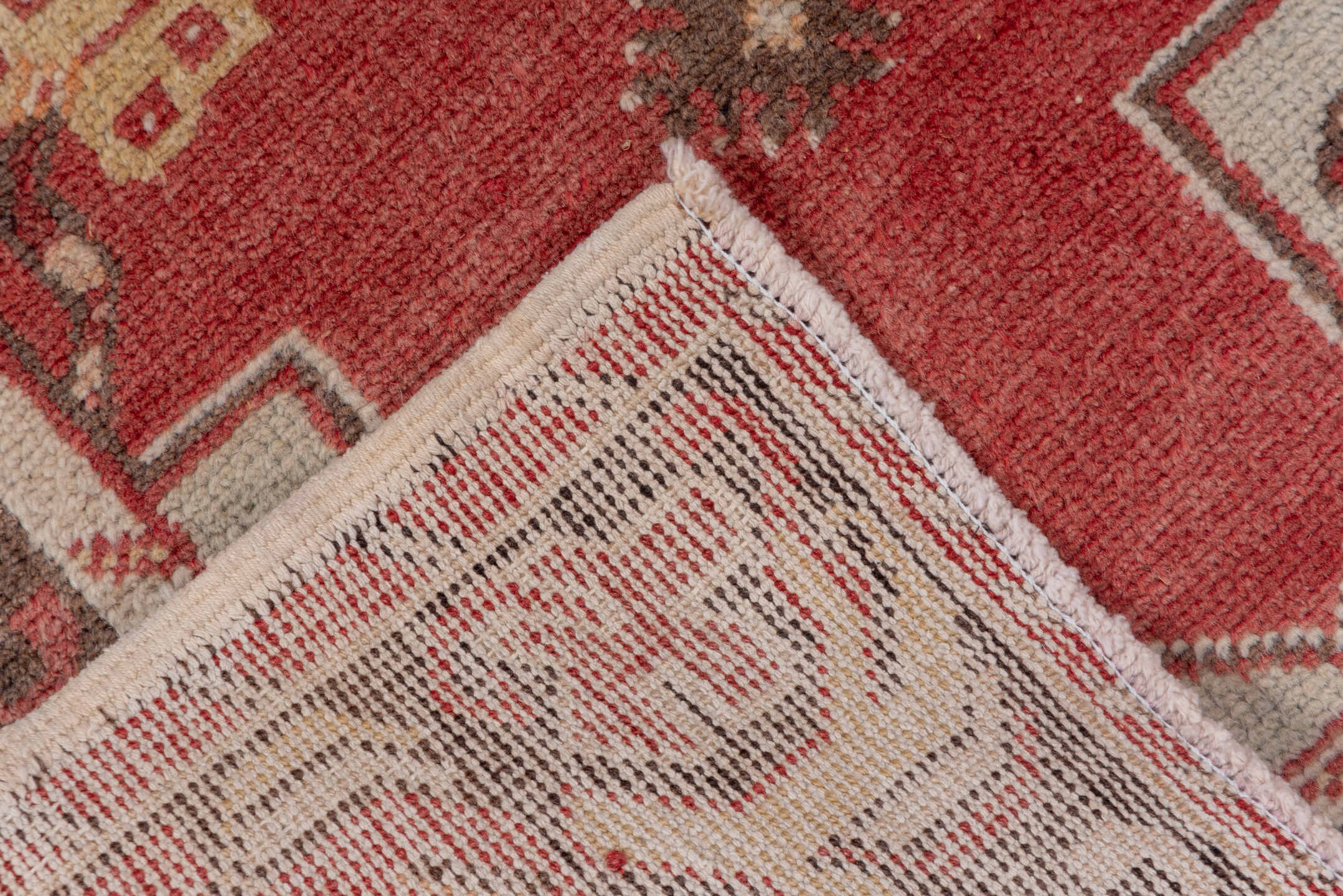 2' x 9' one-of-a-kind handmade vintage Oushak runner rug. Color palette: brown, gray, light gray, off-white, pink, red