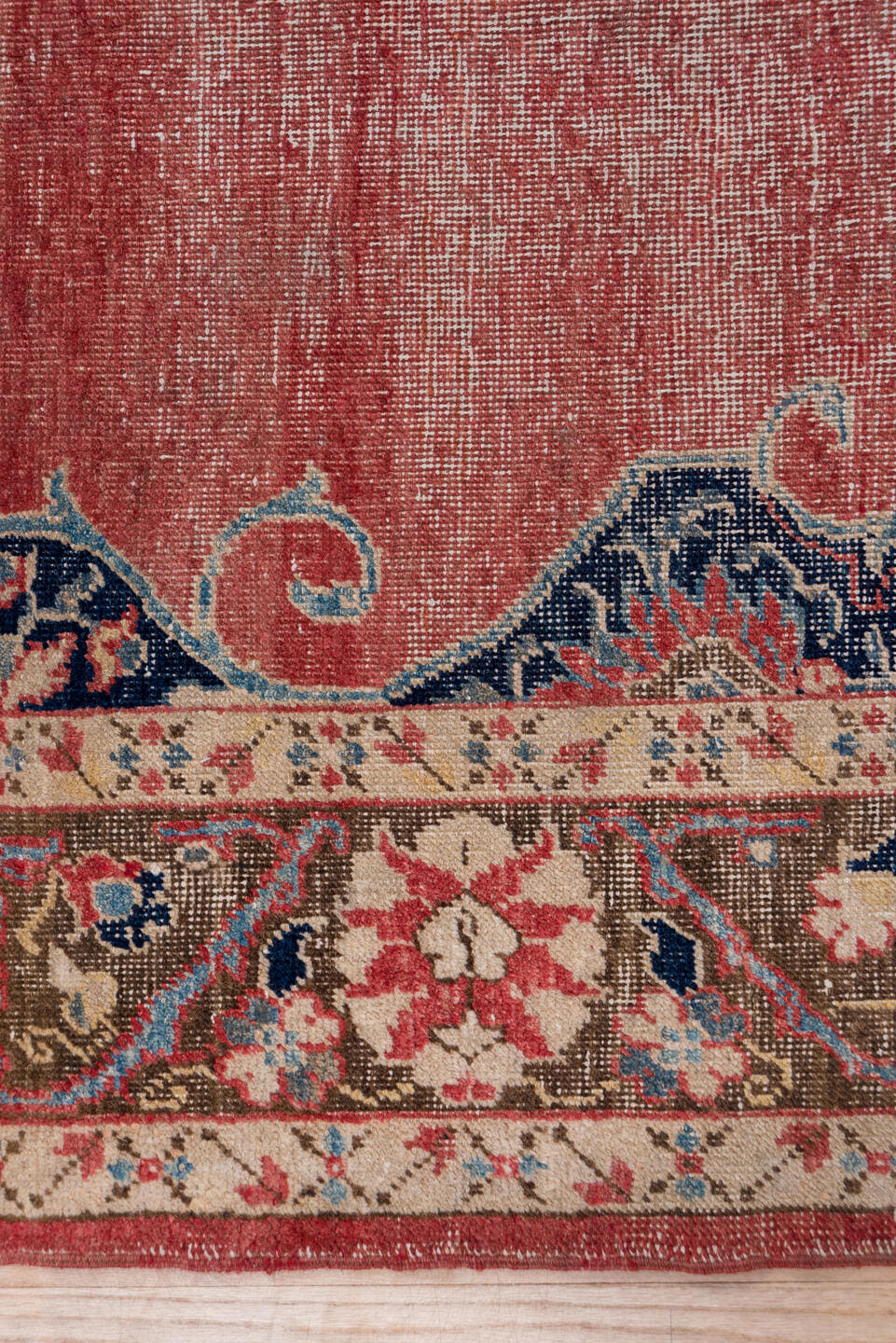 6' x 11' one-of-a-kind handmade vintage Oushak large size rug. Color palette: coral, navy, ivory, taupe, rose, slate, camel