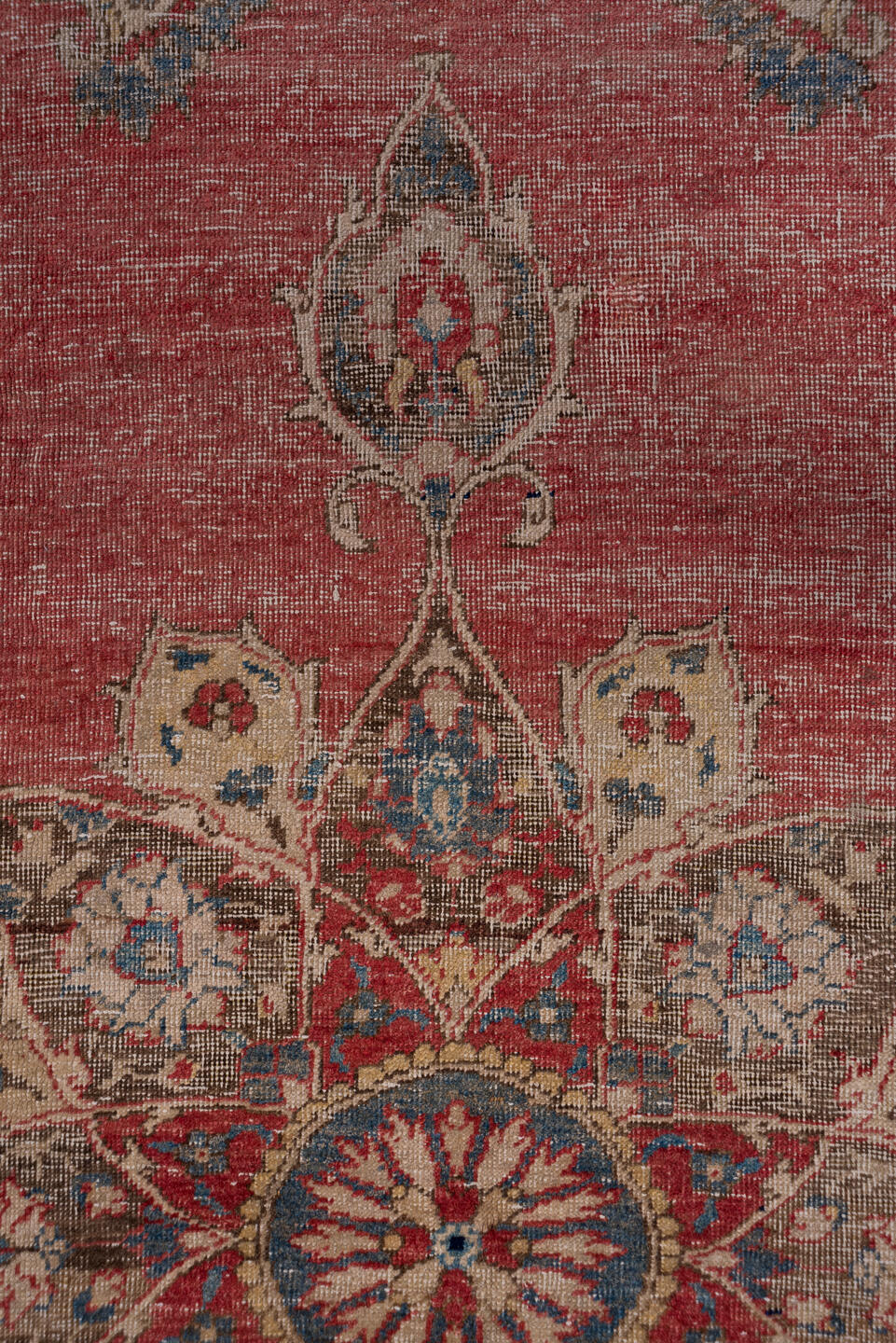 6' x 11' one-of-a-kind handmade vintage Oushak large size rug. Color palette: coral, navy, ivory, taupe, rose, slate, camel