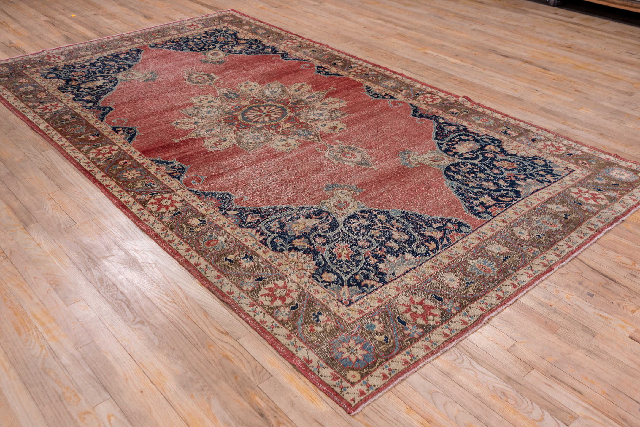 6' x 11' one-of-a-kind handmade vintage Oushak large size rug. Color palette: coral, navy, ivory, taupe, rose, slate, camel