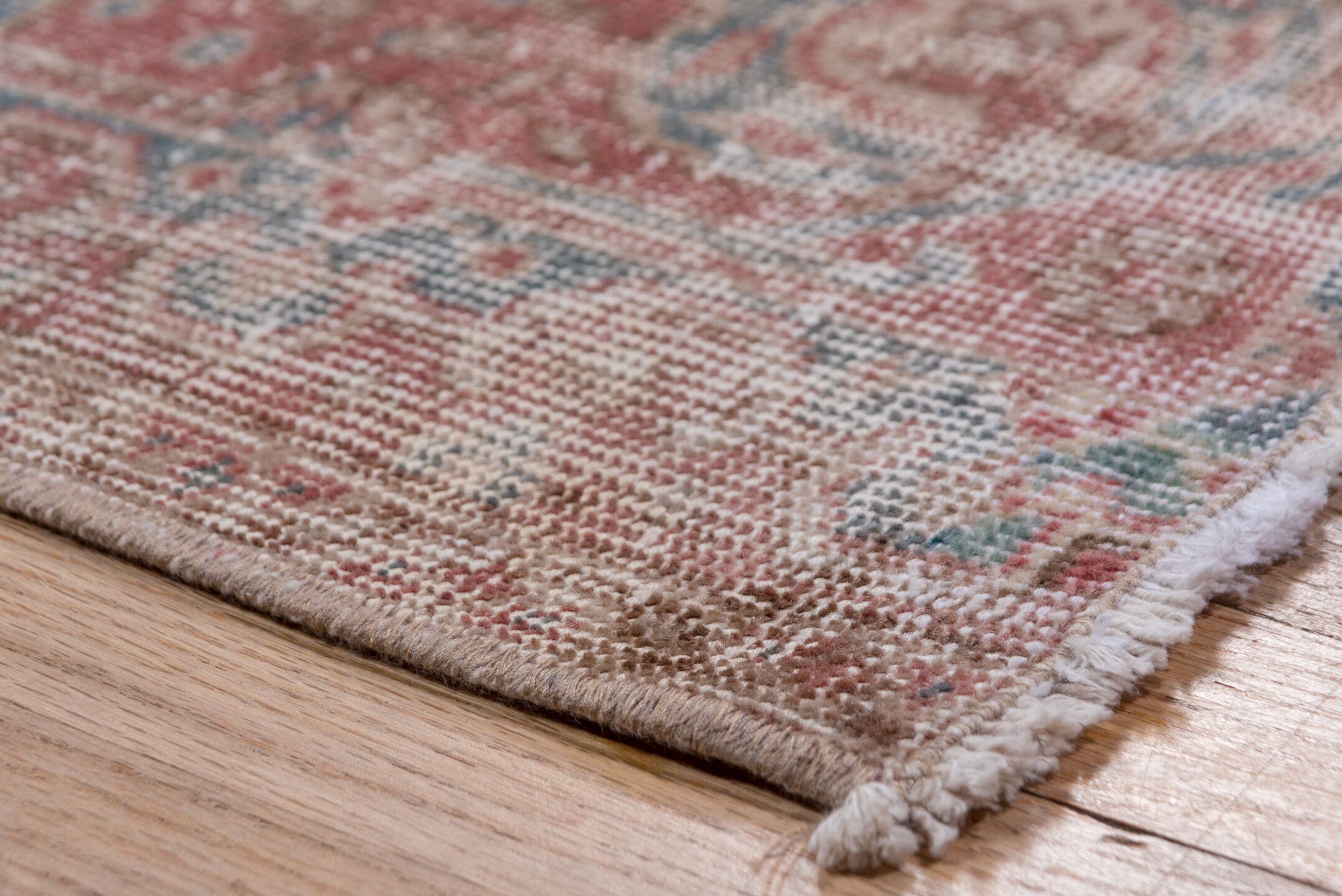 8' x 12' one-of-a-kind handmade vintage Oushak large size rug. Color palette: blue-gray, blush, rose, ivory, pale blue
