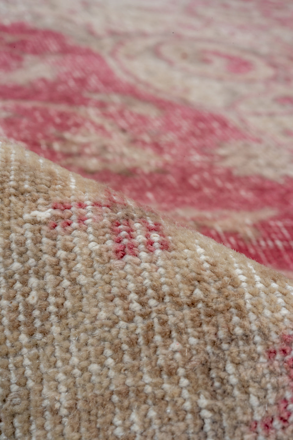 8' x 10' one-of-a-kind handmade vintage Oushak large size rug. Color palette: rose, ivory, taupe, dusty pink, beige