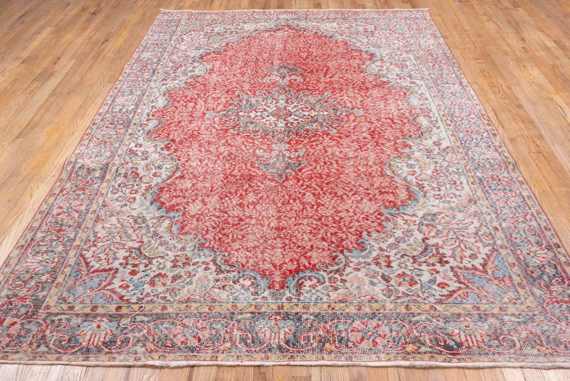 6' x 10' one-of-a-kind handmade vintage Oushak large size rug. Color palette: coral, ivory, pale blue, gray, rose, taupe