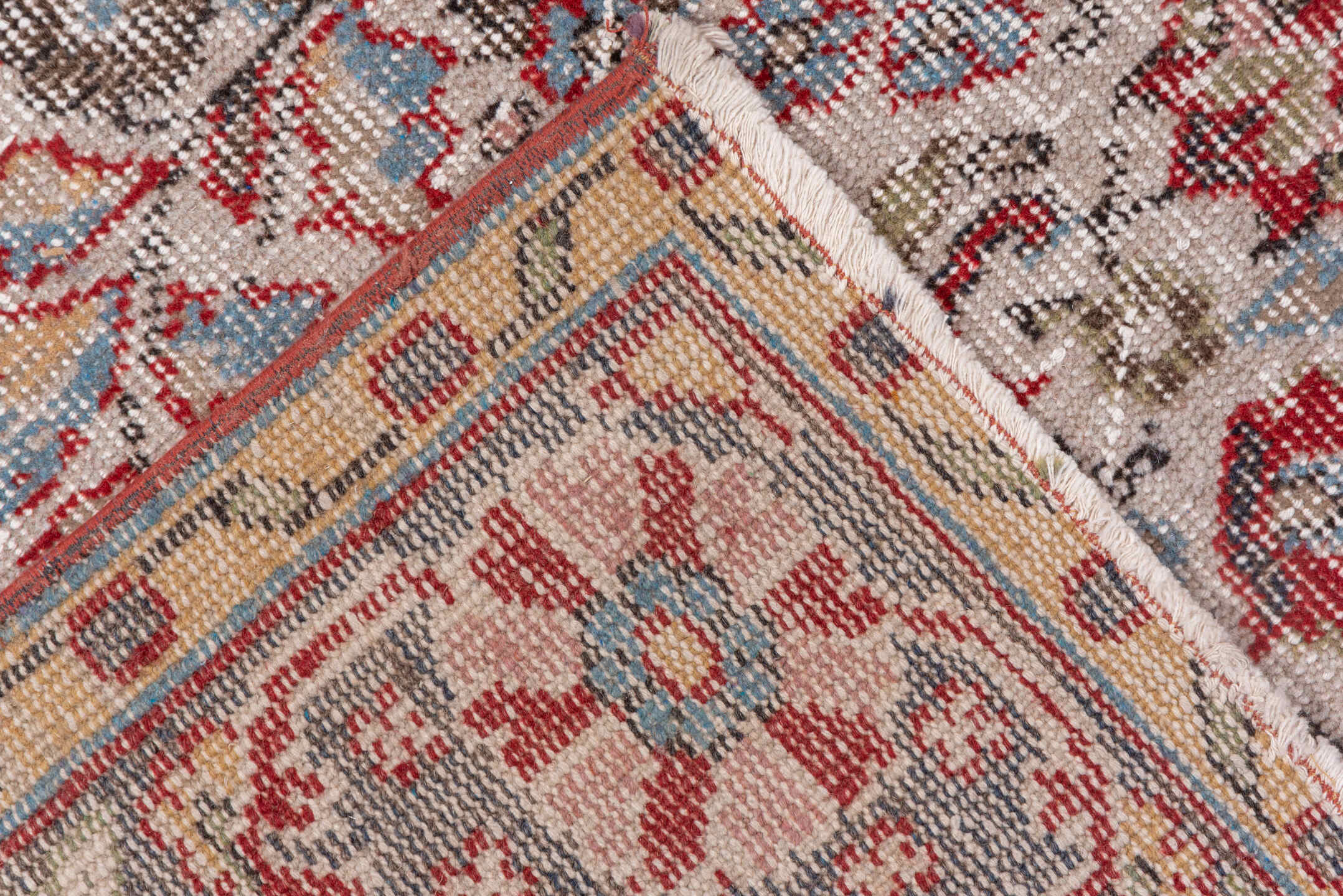 6' x 10' one-of-a-kind handmade vintage Oushak large size rug. Color palette: coral, ivory, pale blue, gray, rose, taupe