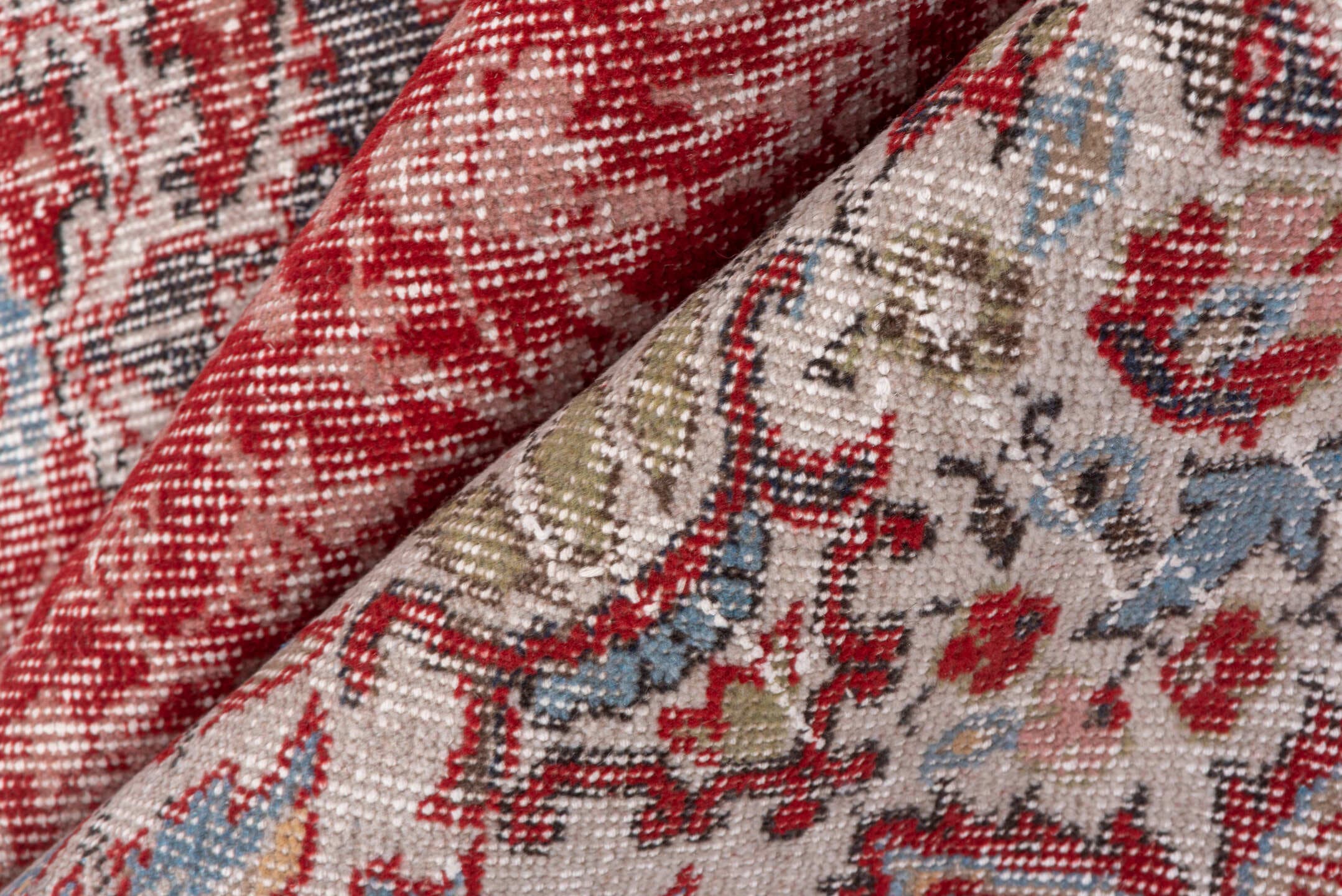 6' x 10' one-of-a-kind handmade vintage Oushak large size rug. Color palette: coral, ivory, pale blue, gray, rose, taupe