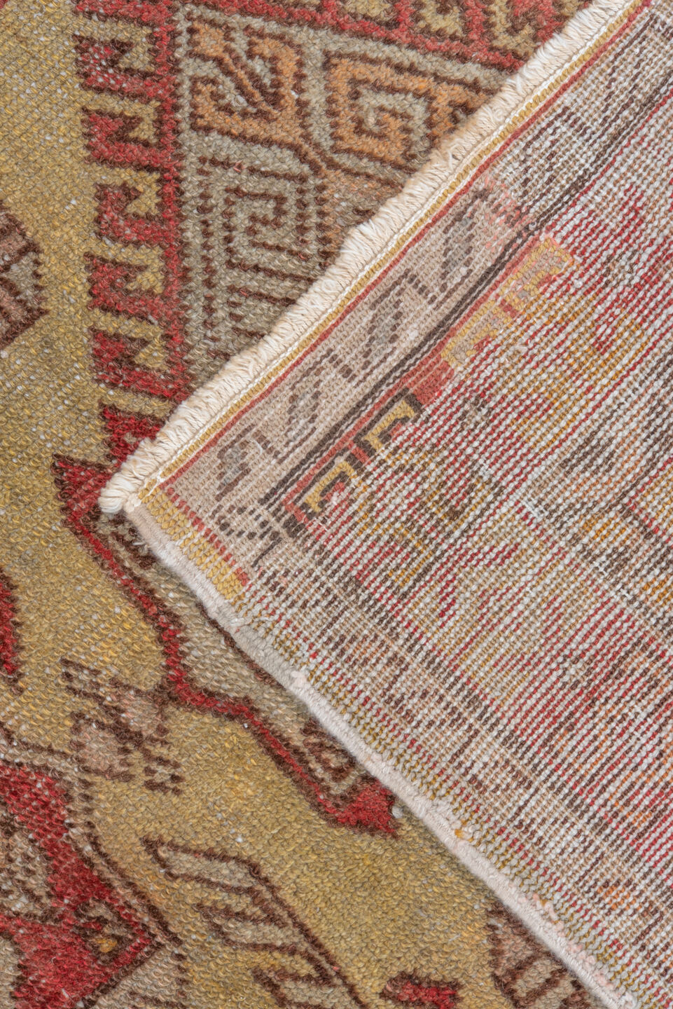 2' x 10' one-of-a-kind handmade vintage Oushak runner rug. Color palette: brown, off-white, pink, red, snow, white