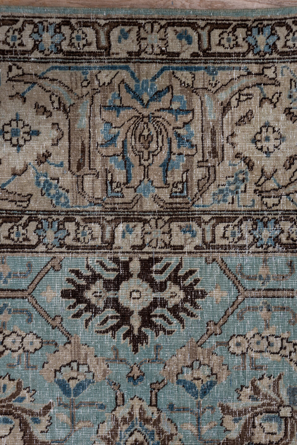 9' x 13' one-of-a-kind handmade vintage Tabriz large size rug. Color palette: light blue, taupe, ivory, brown, sky blue